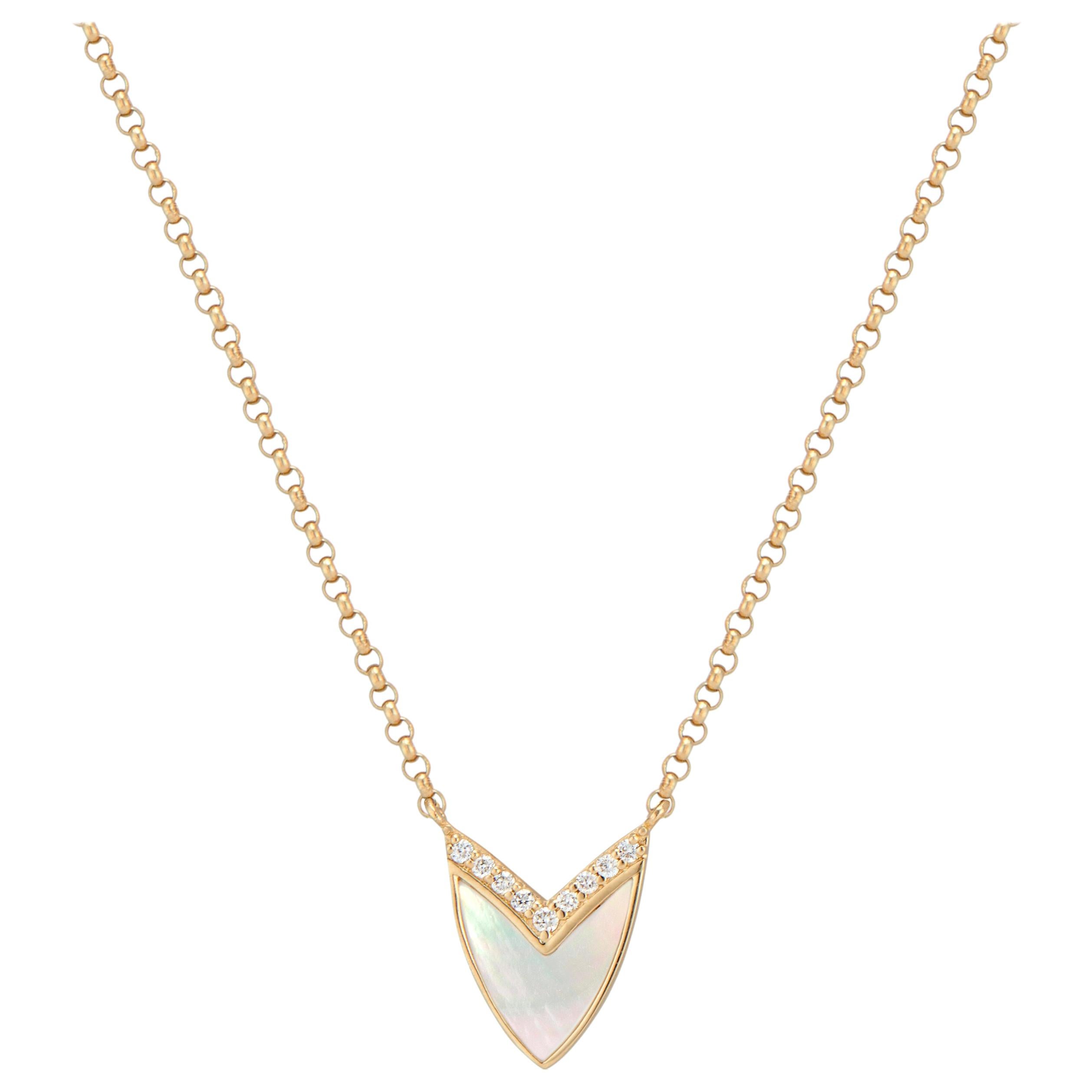 Kubistische Herz-Halskette aus Gelbgold mit Perlmutt und Diamanten
