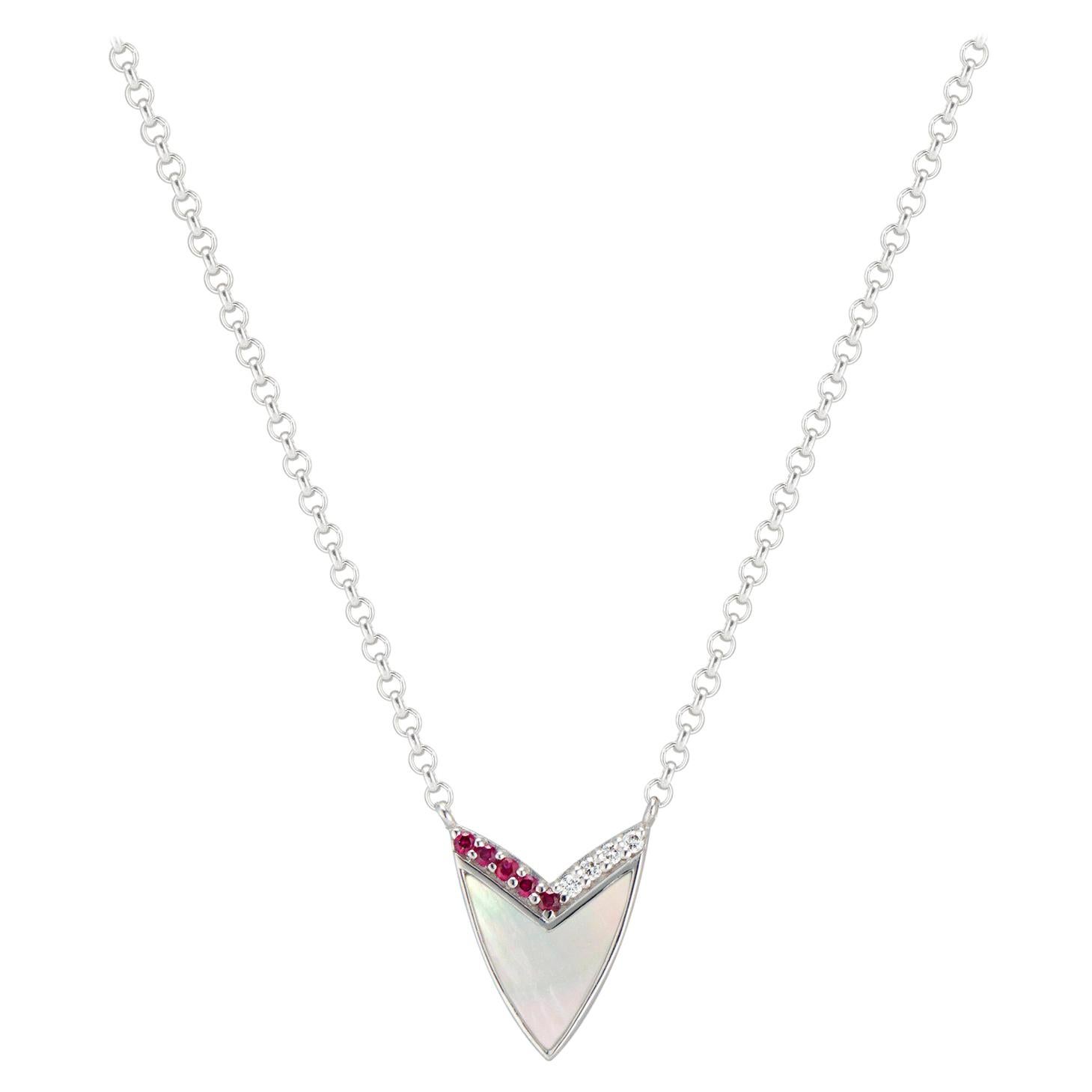 Cubist Heart Necklace with Mother of Pearl, Ruby, and Diamonds in Yellow Gold In New Condition For Sale In Houston, TX