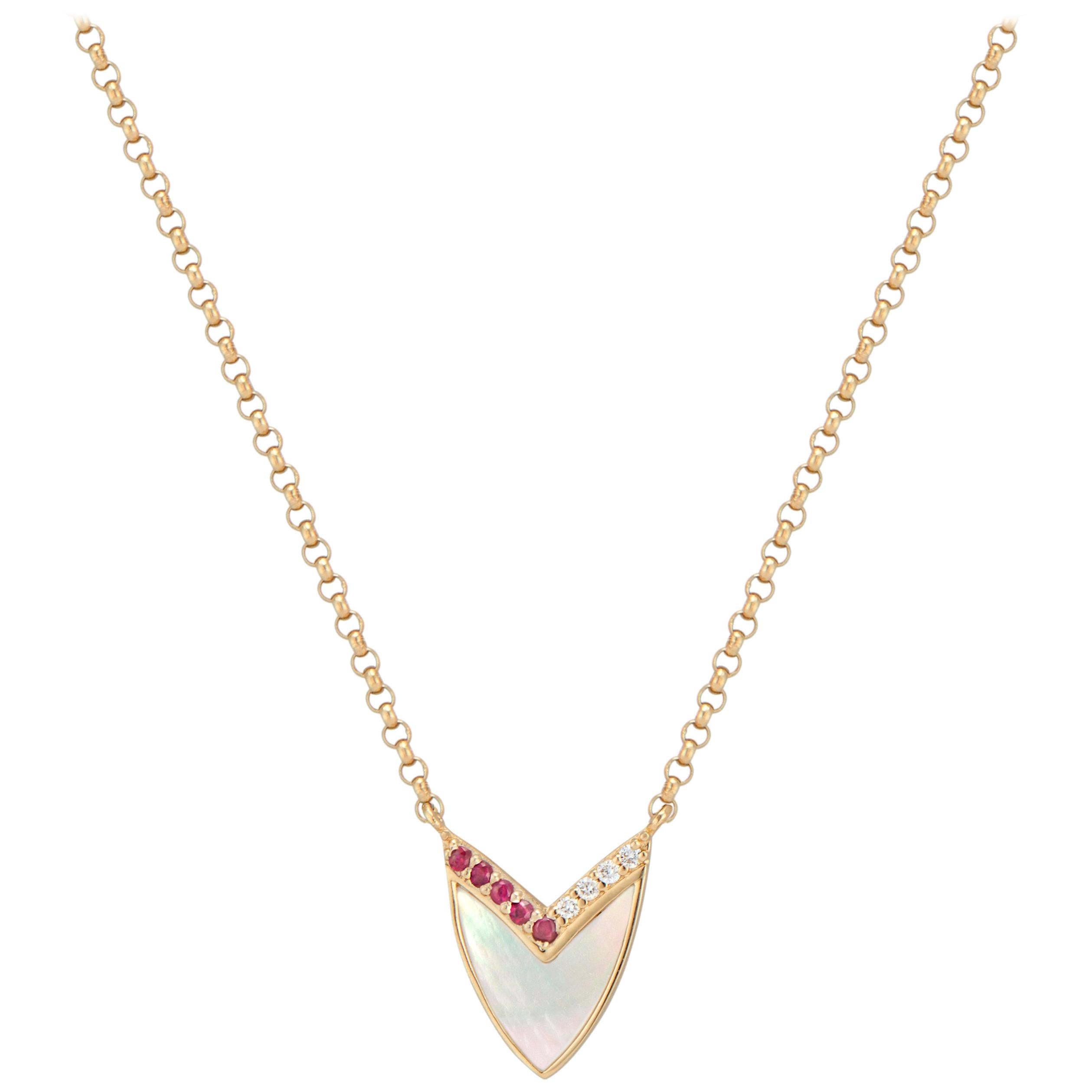 Kubistische Herz-Halskette aus Gelbgold mit Perlmutt, Rubin und Diamanten