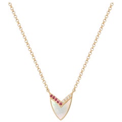 Cubist Heart Necklace with Mother of Pearl, Ruby, and Diamonds in Yellow Gold
