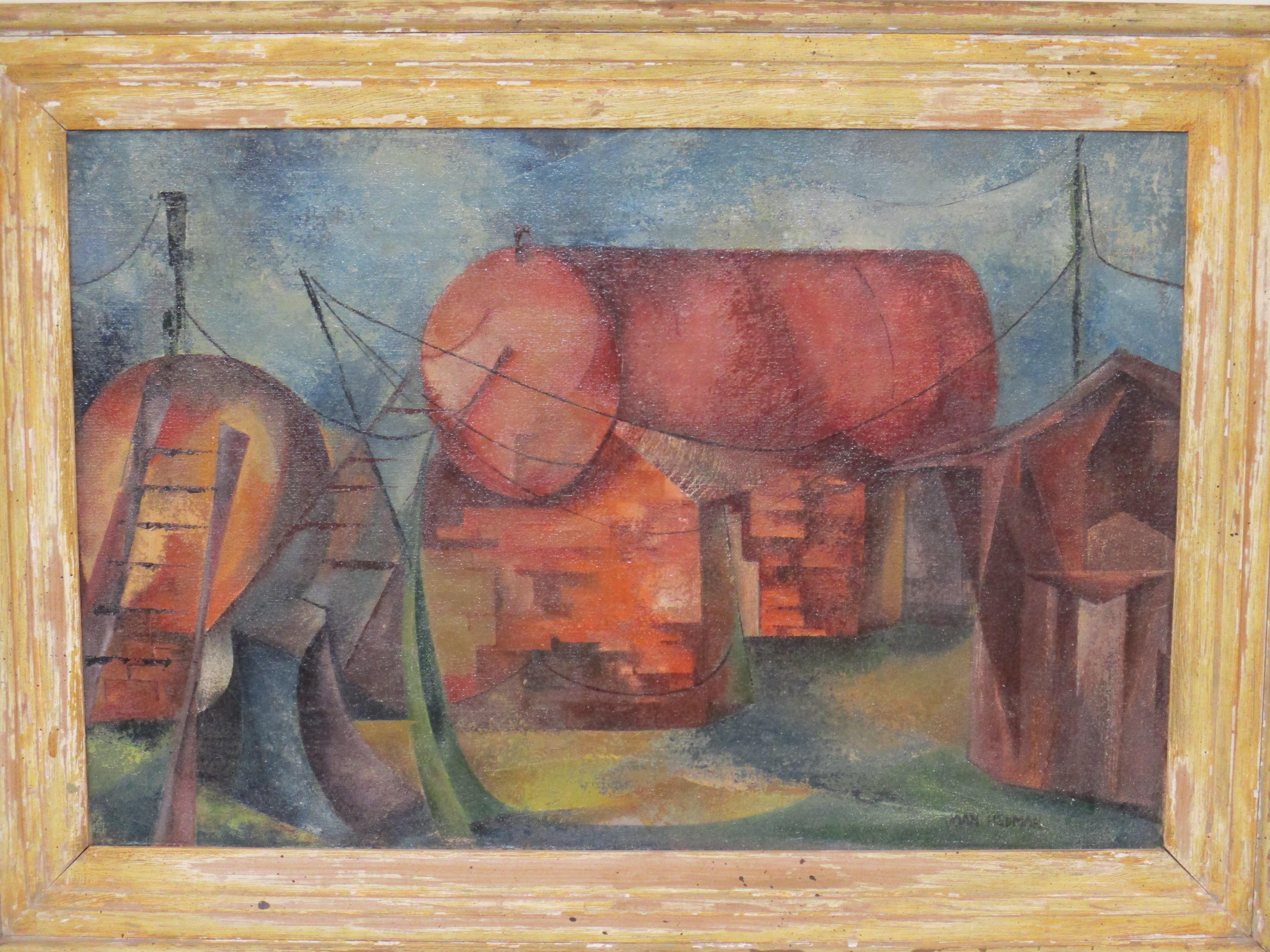 A cubist industrial WPA styled oil painting depicting a storage tank compound in the 1930's-40's. Good layering of colors and textures having it original patina worn wood frame signed by the artist in paint to the corner by Joan Hedman also pencil