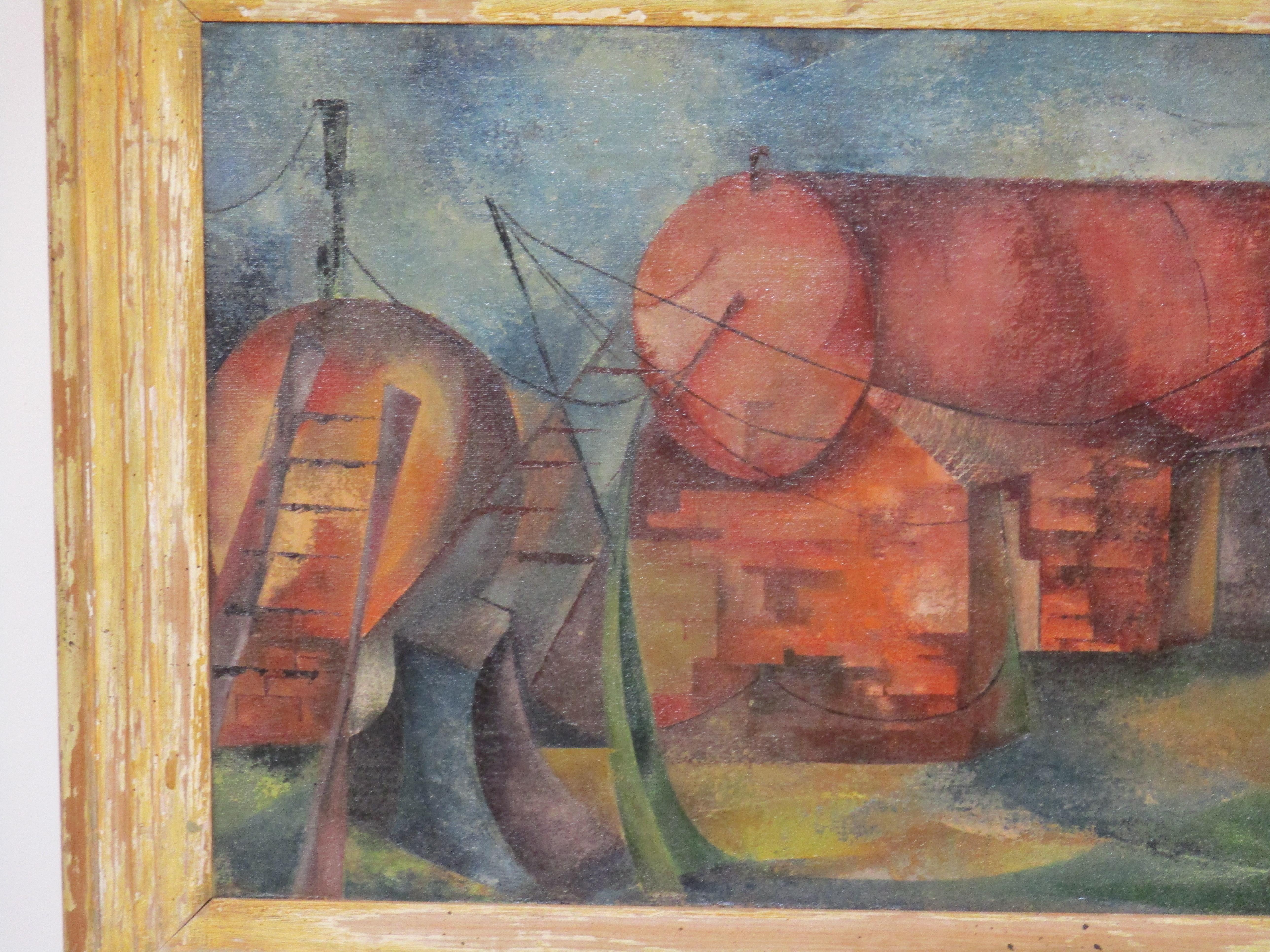 Mid-Century Modern Cubist Industrial Oil Painting by Joan Hedman WPA Styled For Sale