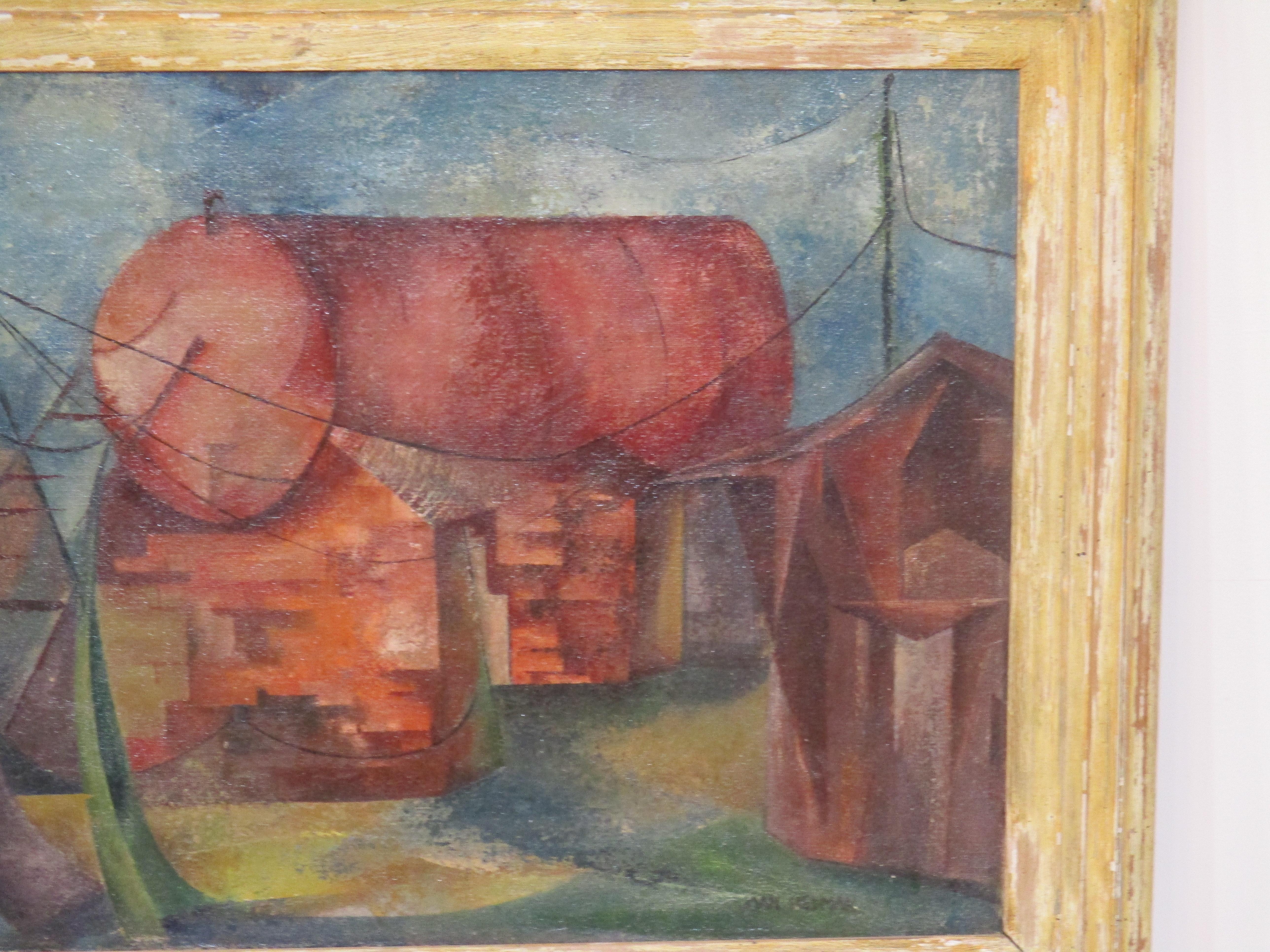 American Cubist Industrial Oil Painting by Joan Hedman WPA Styled For Sale