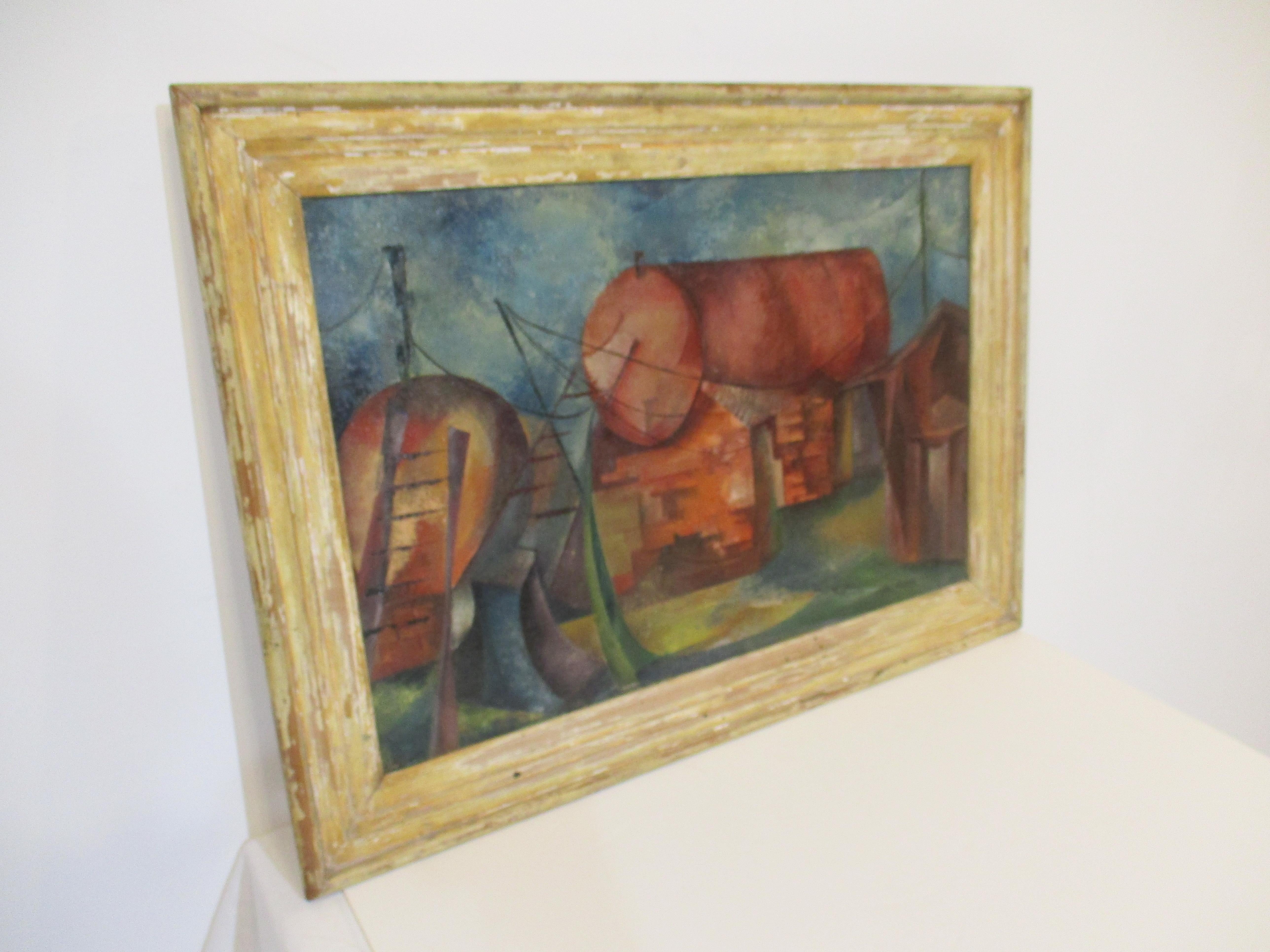 Cubist Industrial Oil Painting by Joan Hedman WPA Styled For Sale 1