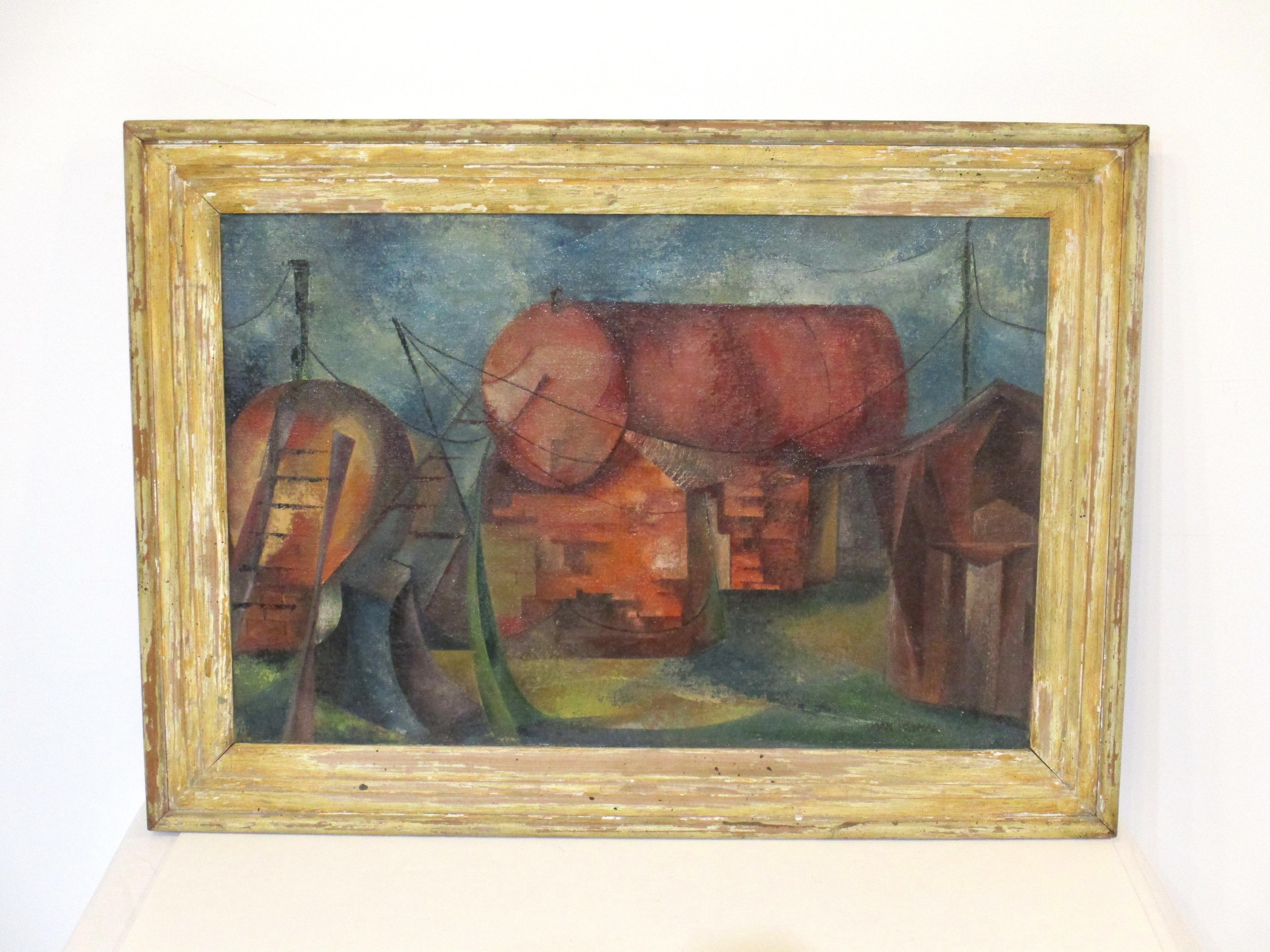 Cubist Industrial Oil Painting by Joan Hedman WPA Styled For Sale 2