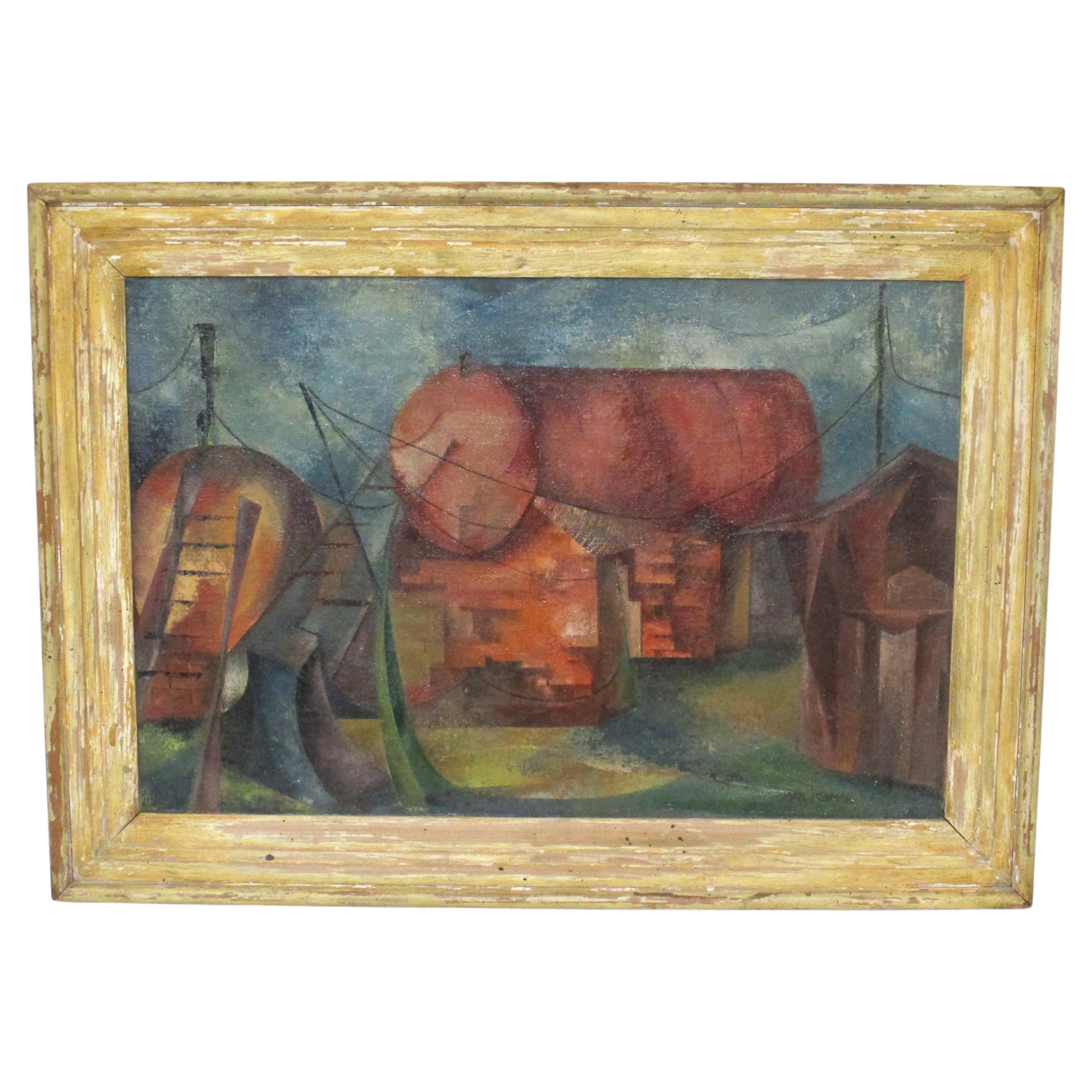 Cubist Industrial Oil Painting by Joan Hedman WPA Styled For Sale