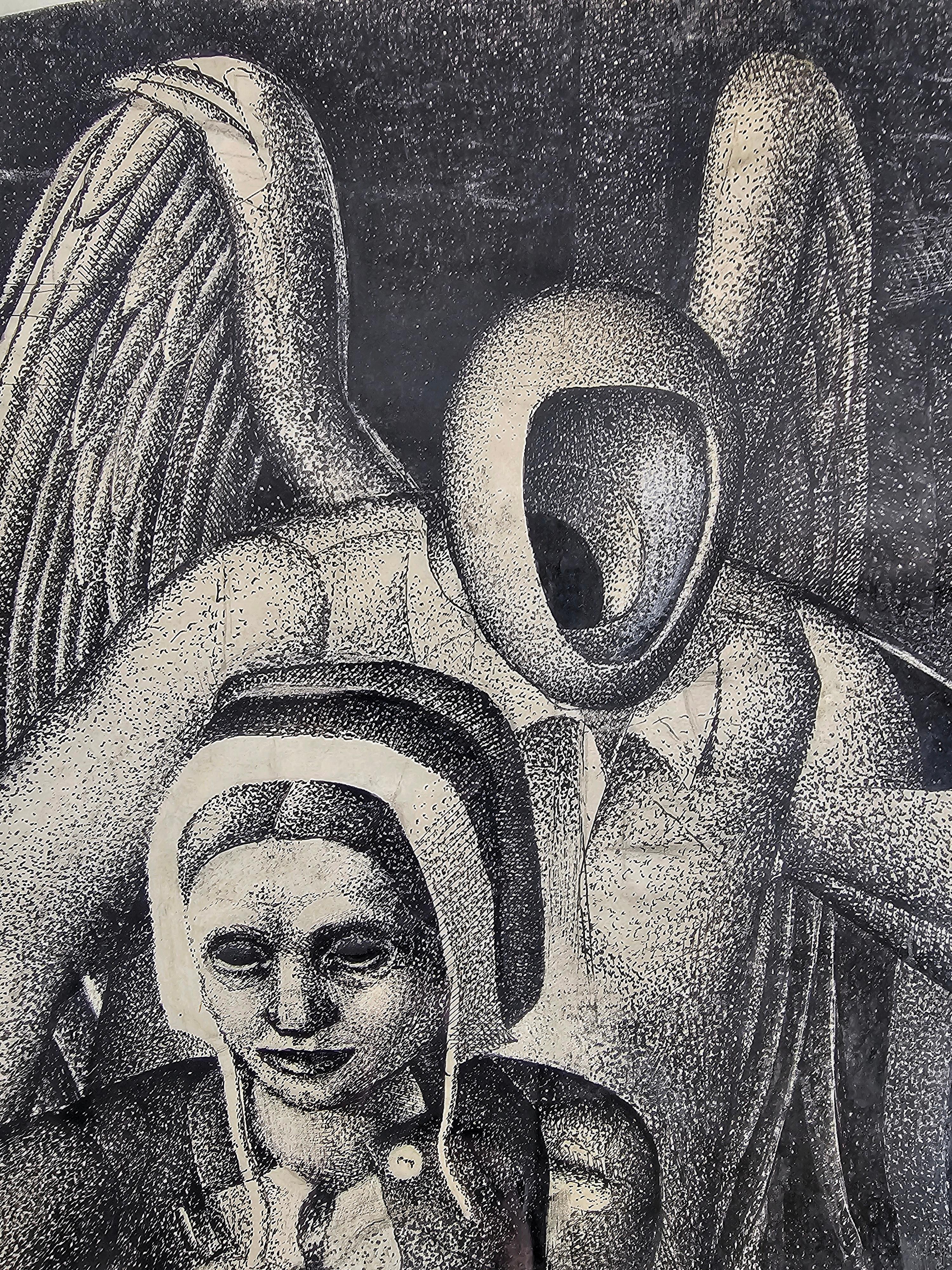 In this listing you will find a spectacular Cubist painting, depicting a scene at a bar with people gathered around the table and a faceless angel. Technic the artist used is ink on paper. This piece is titled 