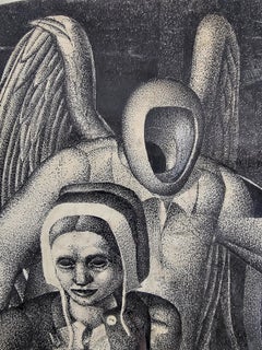 Cubist ink on paper by Milos Zoric, titled "Under the auspices of a good spirit"