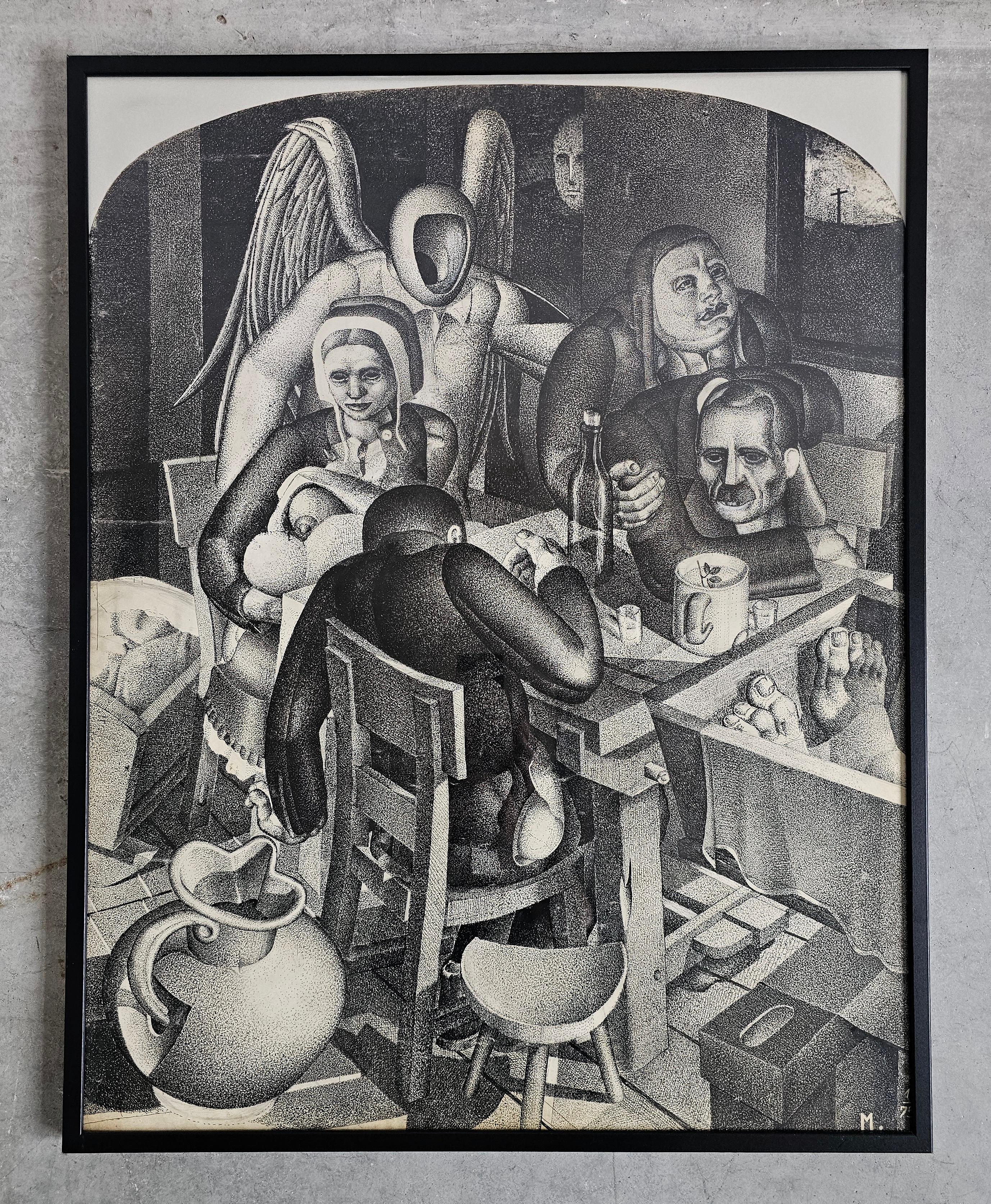 Modern Cubist ink on paper by Milos Zoric, titled 