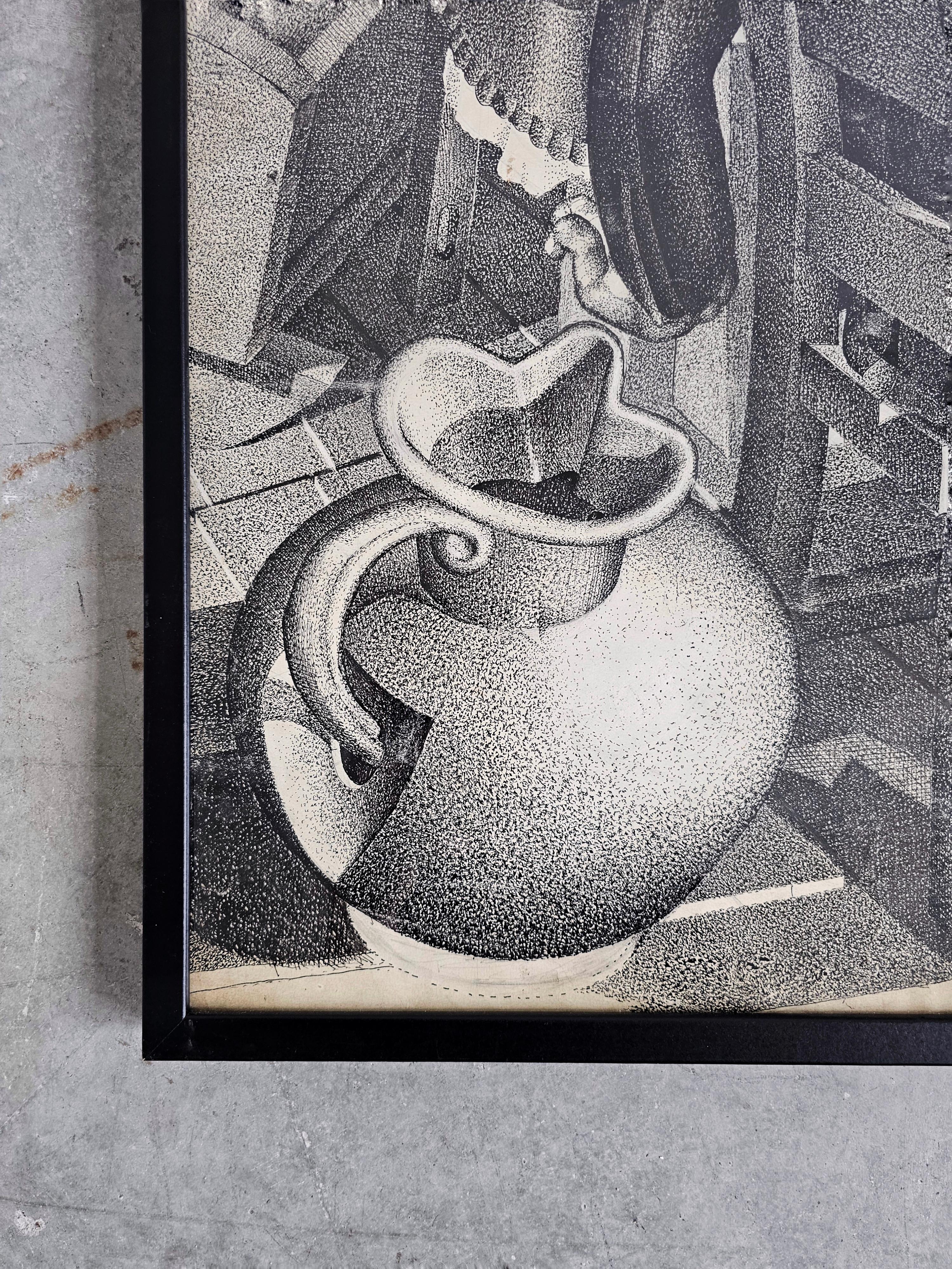 Serbian Cubist ink on paper by Milos Zoric, titled 