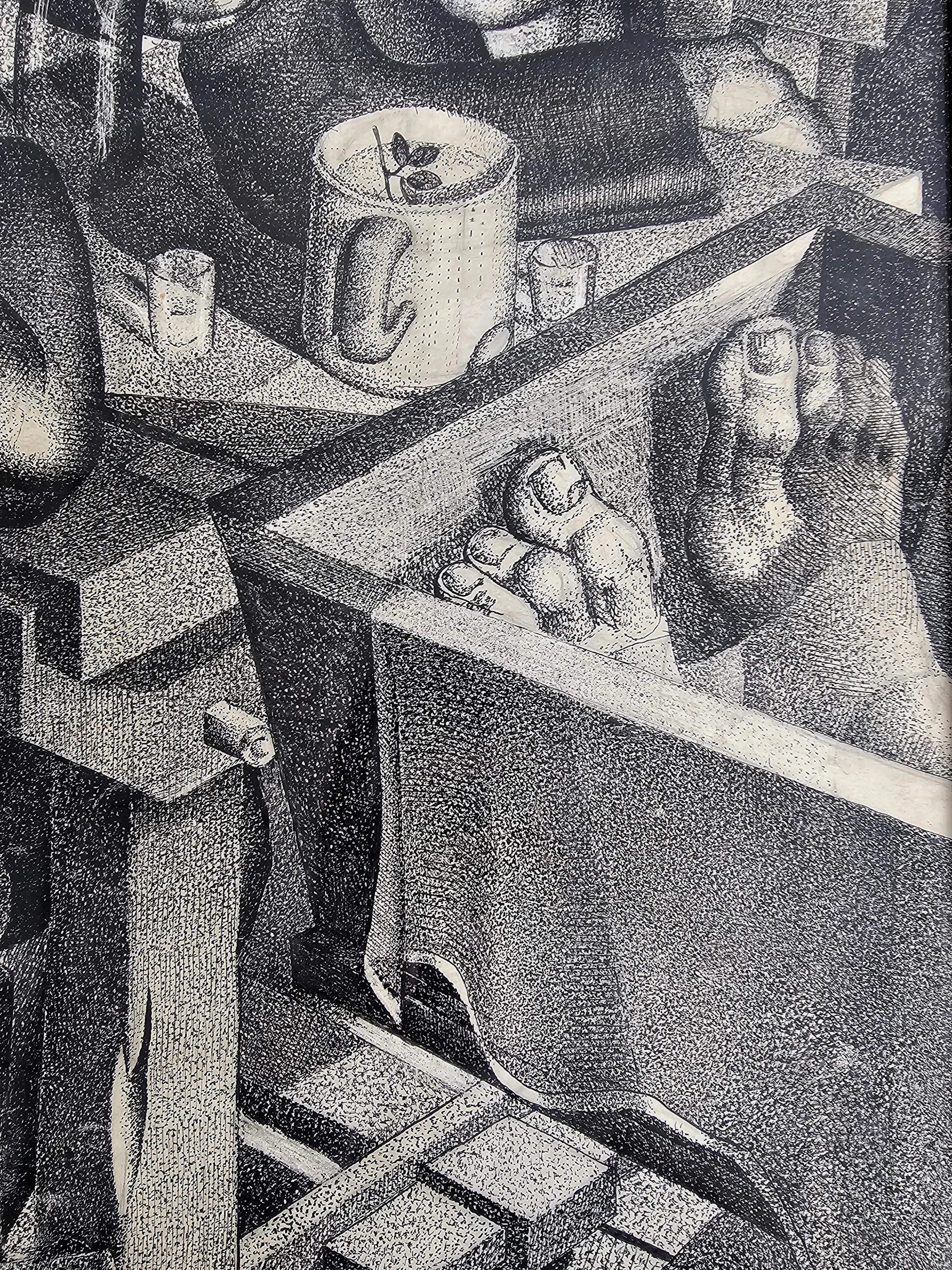 Late 20th Century Cubist ink on paper by Milos Zoric, titled 