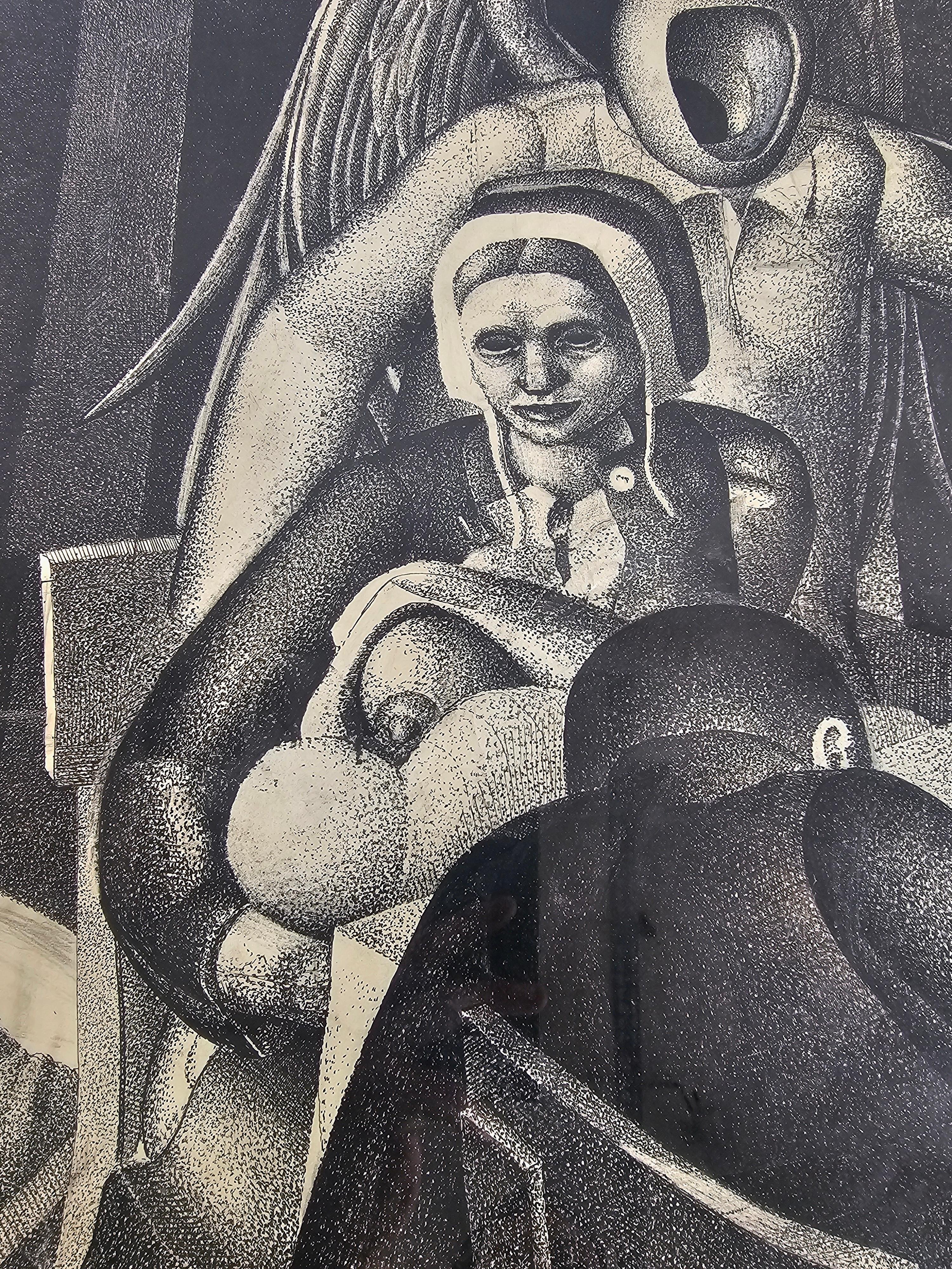 Wood Cubist ink on paper by Milos Zoric, titled 