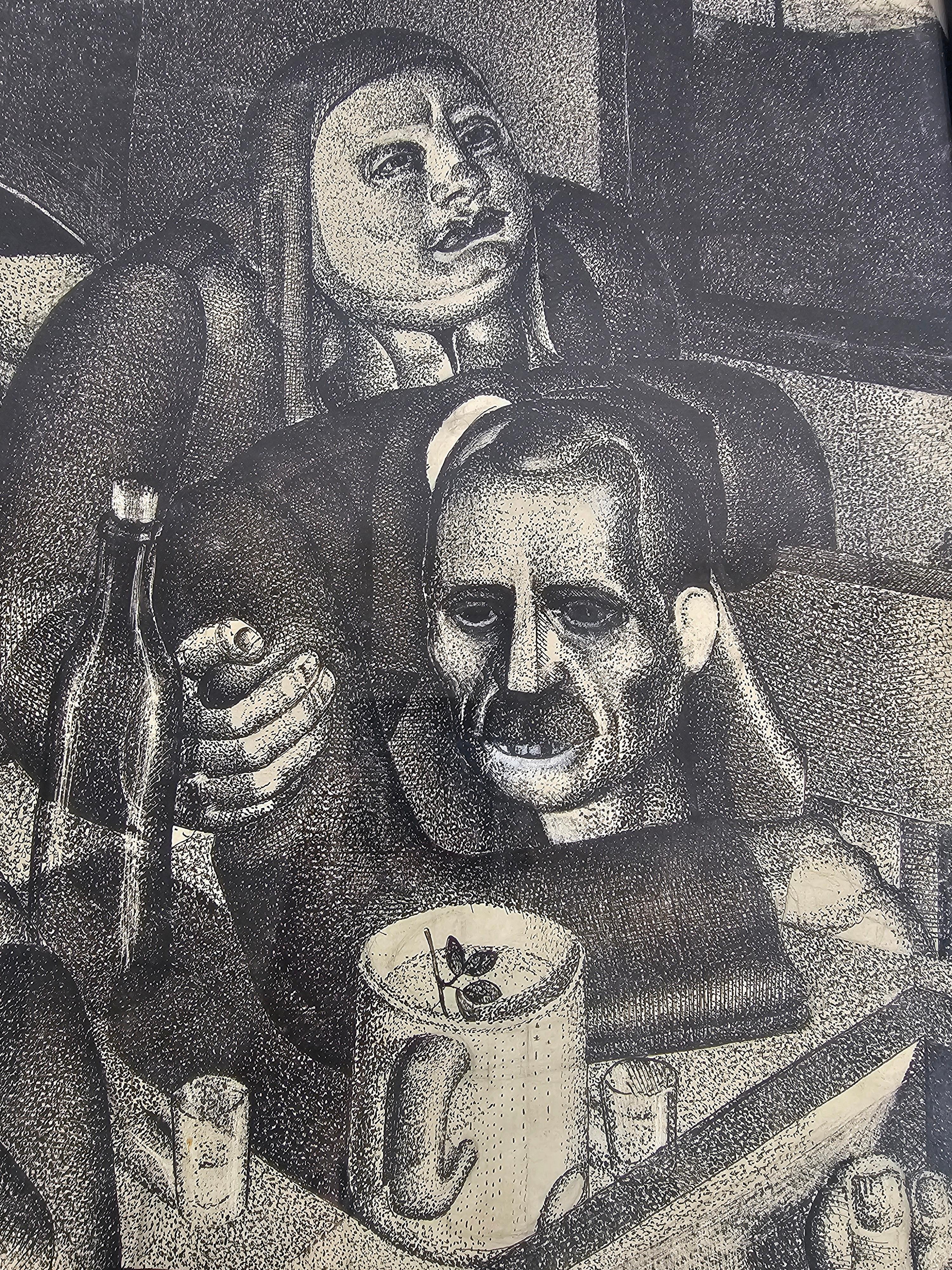 Cubist ink on paper by Milos Zoric, titled 
