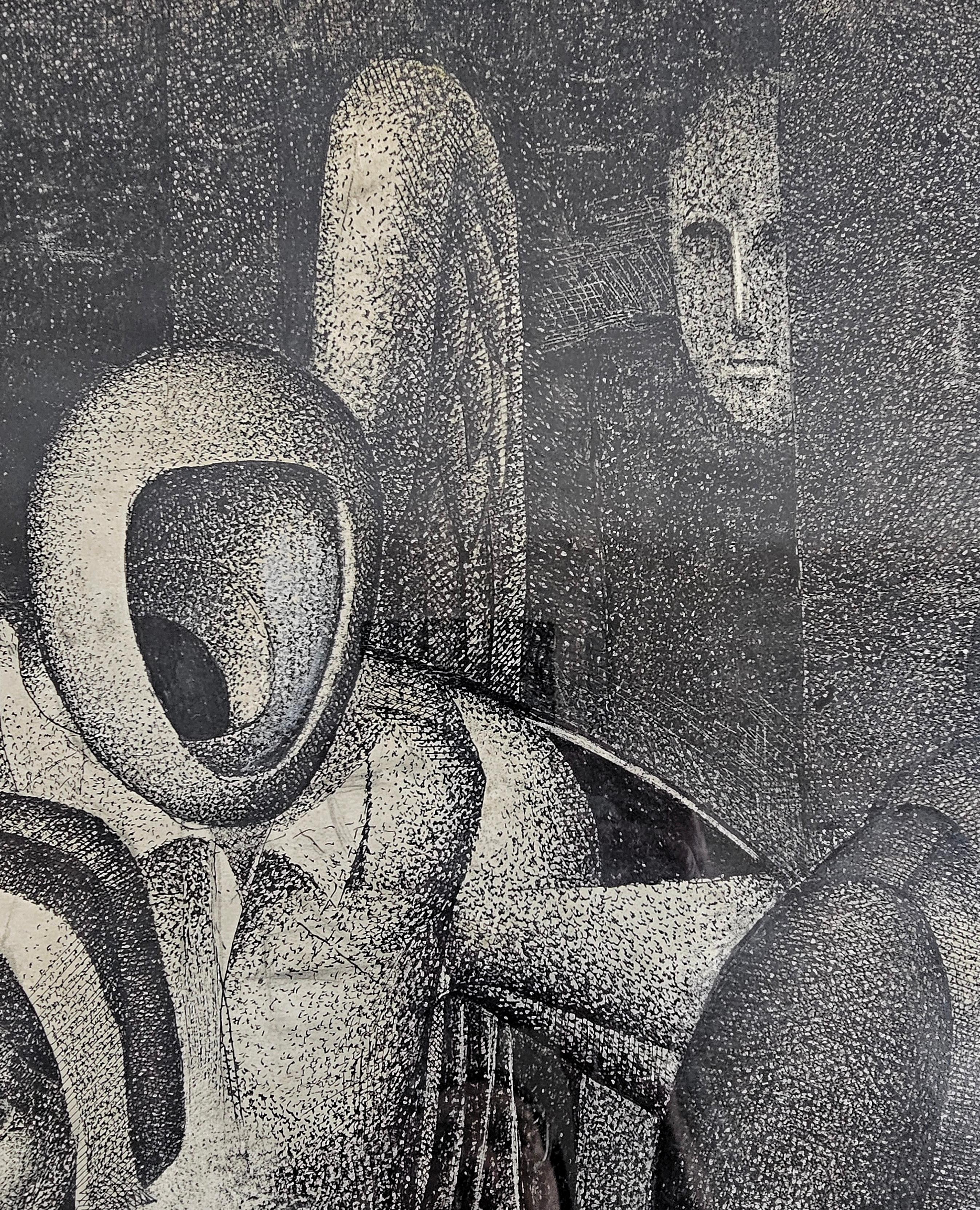 Cubist ink on paper by Milos Zoric, titled 