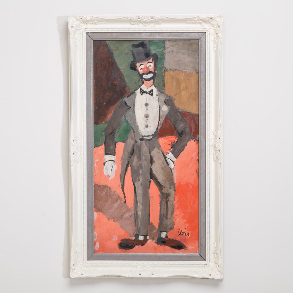 Cubist inspired painting of a clown in a white frame by Charles Levier, 1970s, signed. 

Charles Levier was Corsican born in 1920 to a French Father and American Mother. He died in 2004.