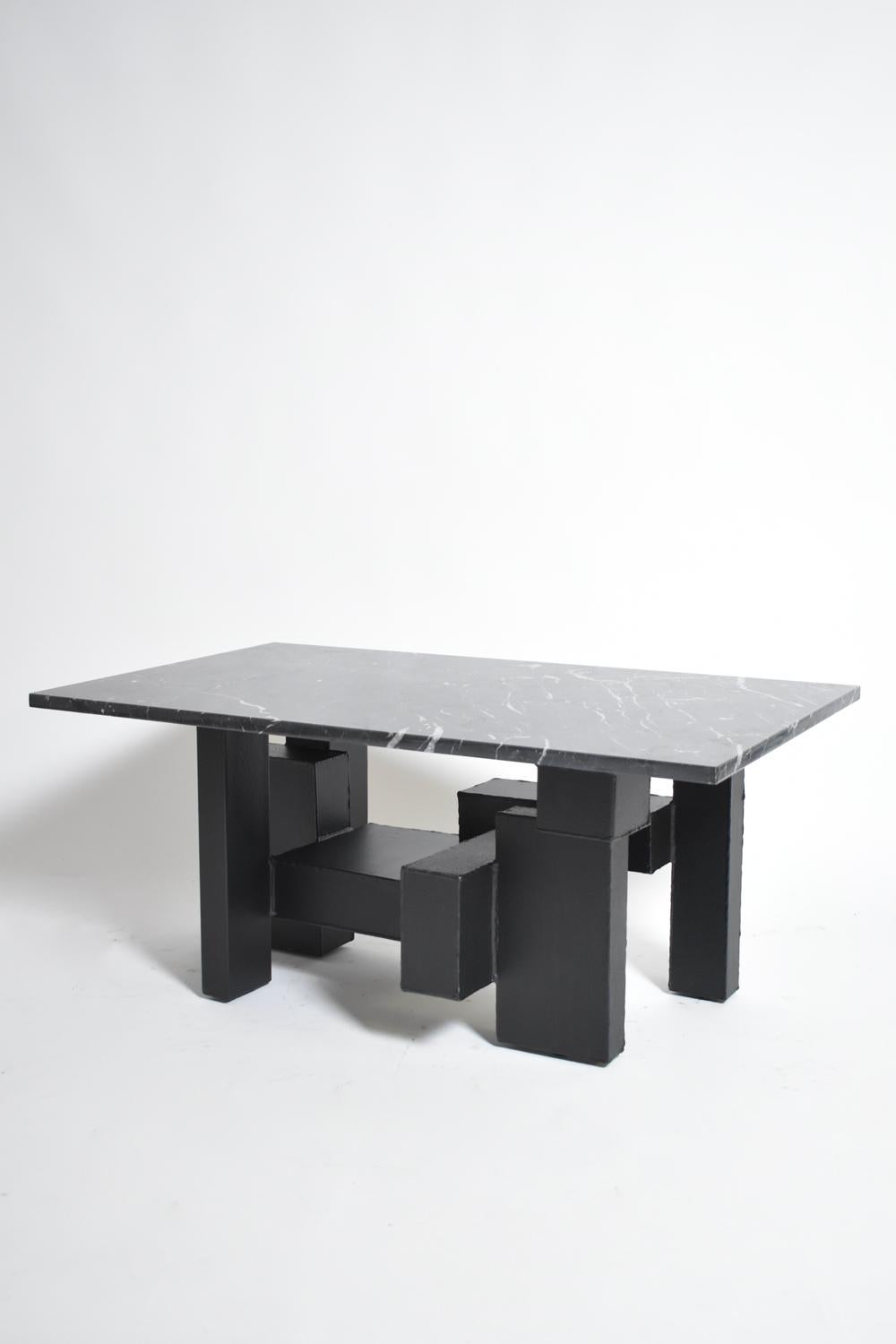 French Cubist iron and marble coffee table, 1980s. For Sale