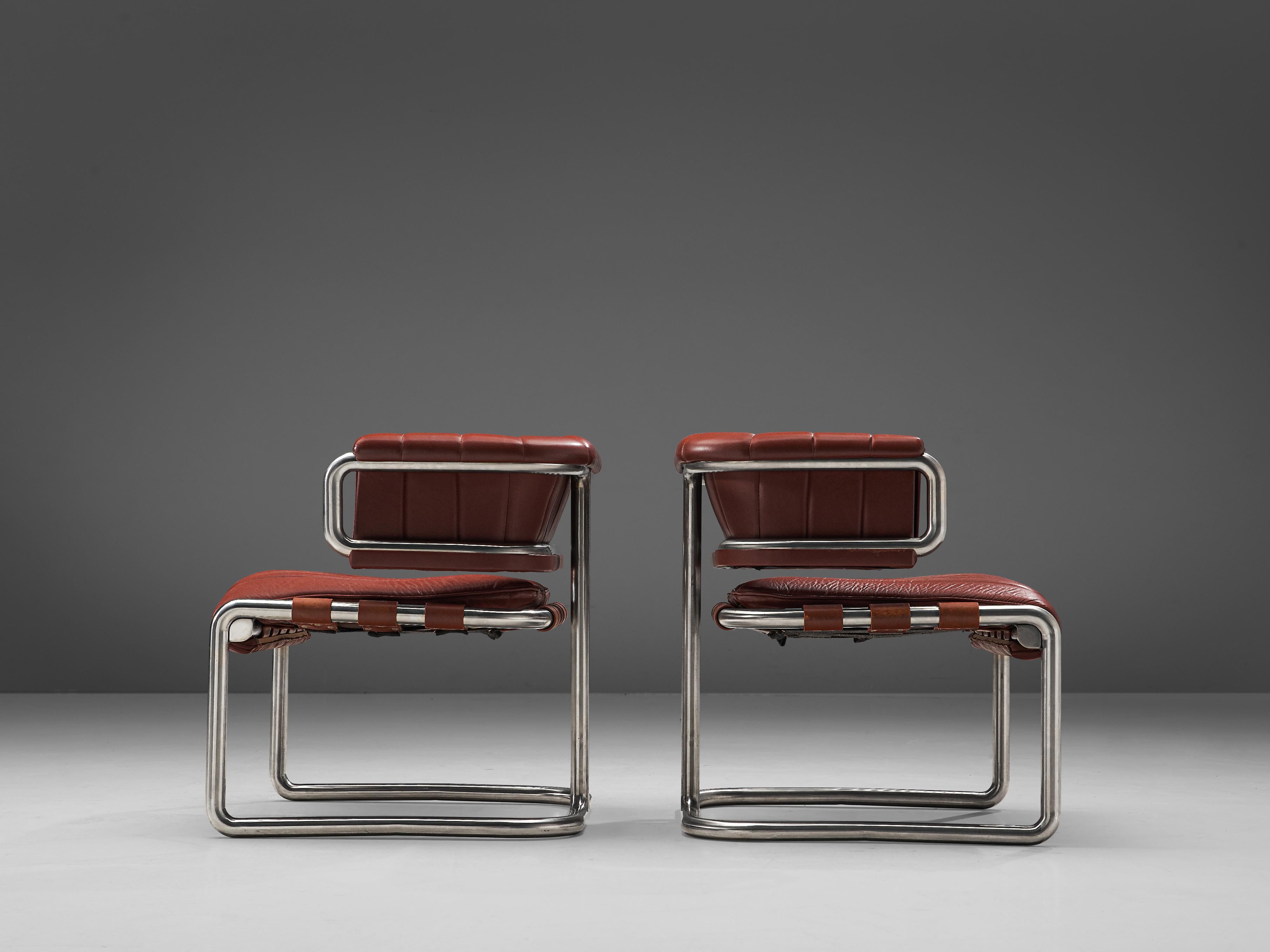 Cubist Lounge Chairs in Red Leather and Tubular Steel 3