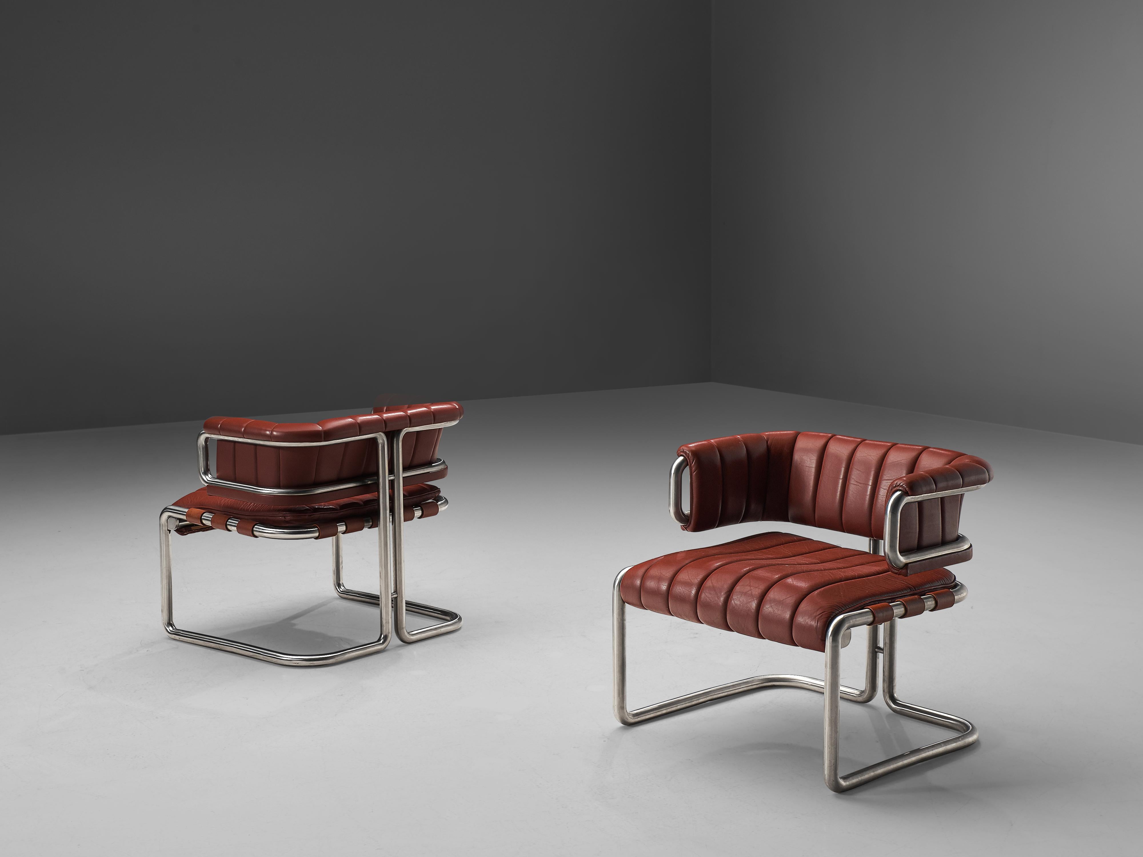 German Cubist Lounge Chairs in Red Leather and Tubular Steel