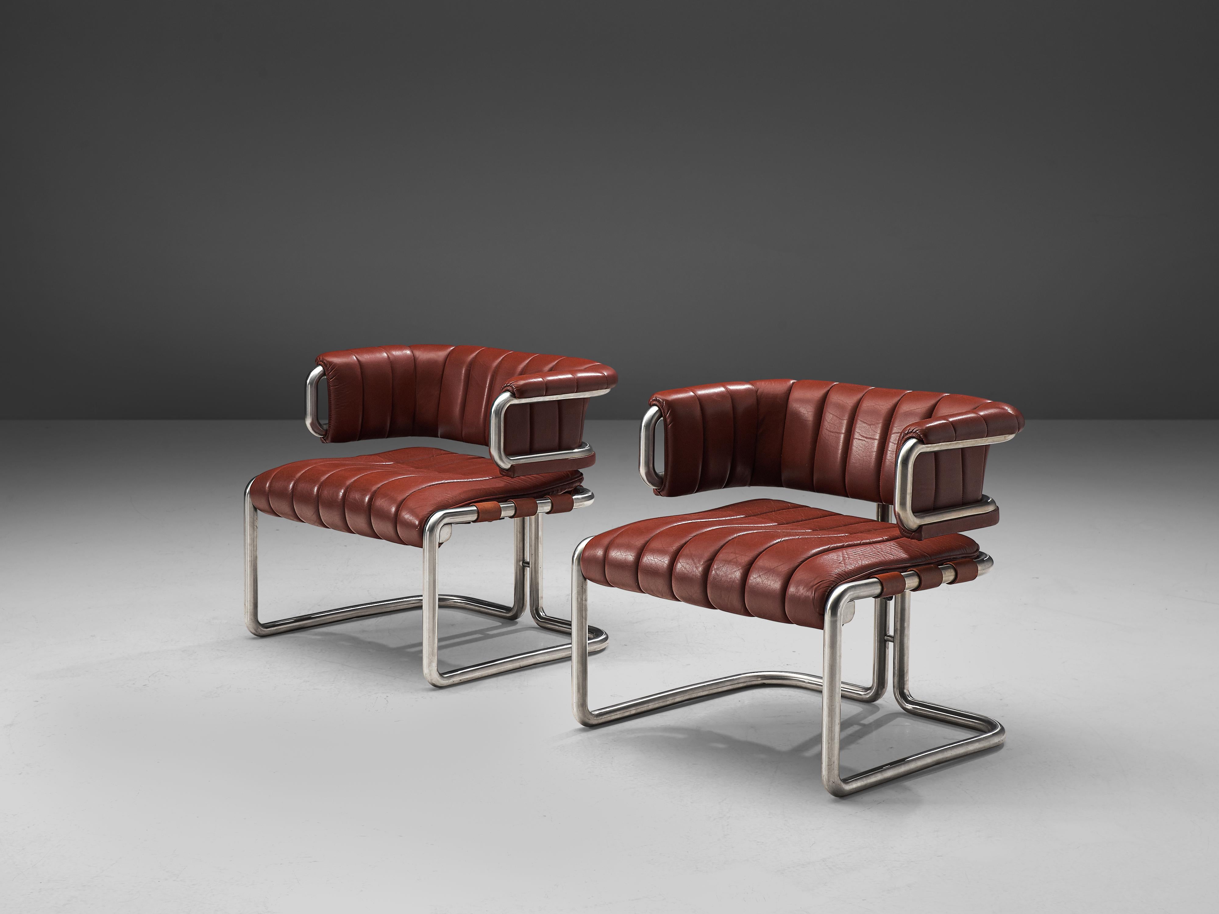 Mid-20th Century Cubist Lounge Chairs in Red Leather and Tubular Steel