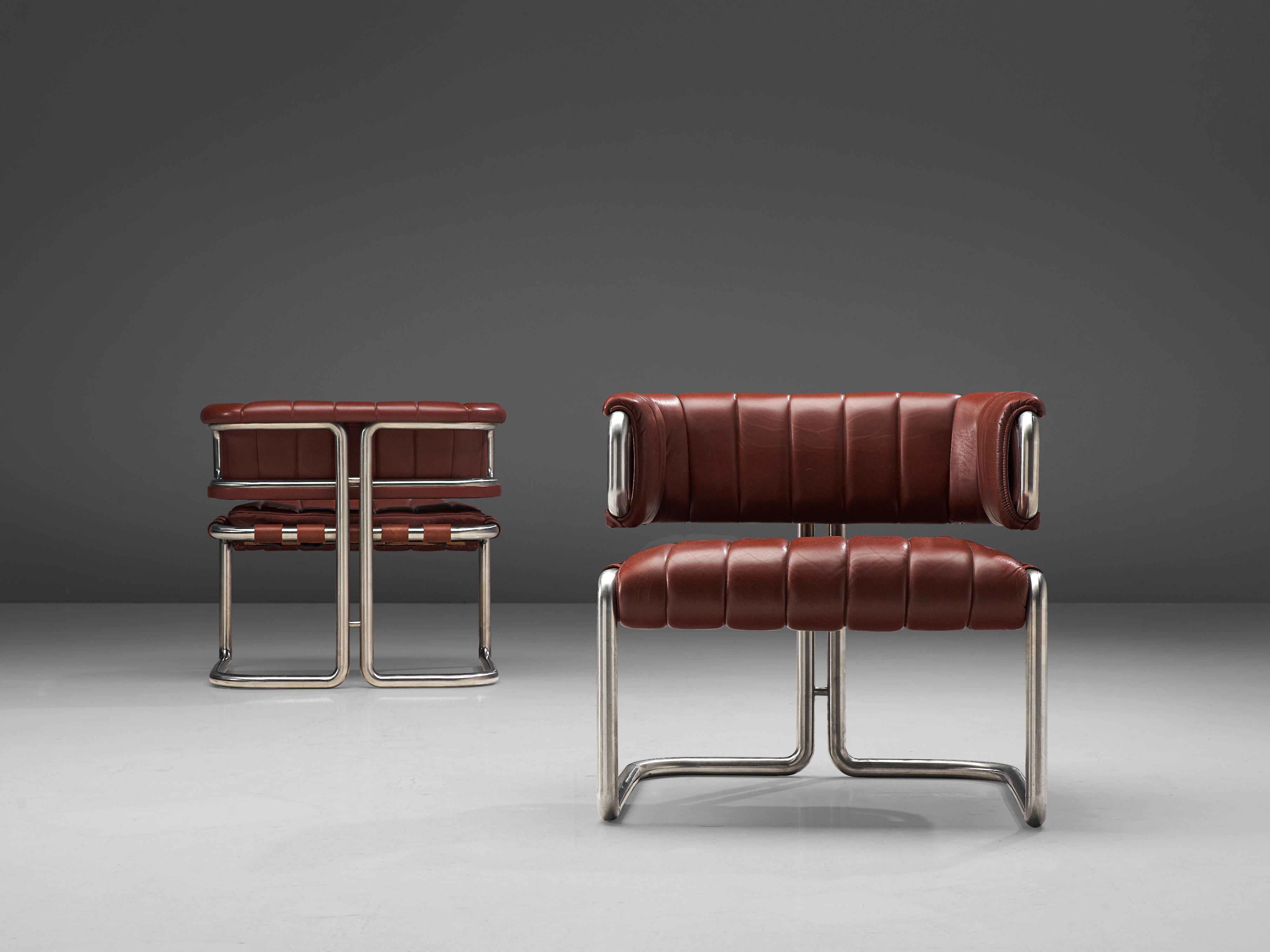 Cubist Lounge Chairs in Red Leather and Tubular Steel 1