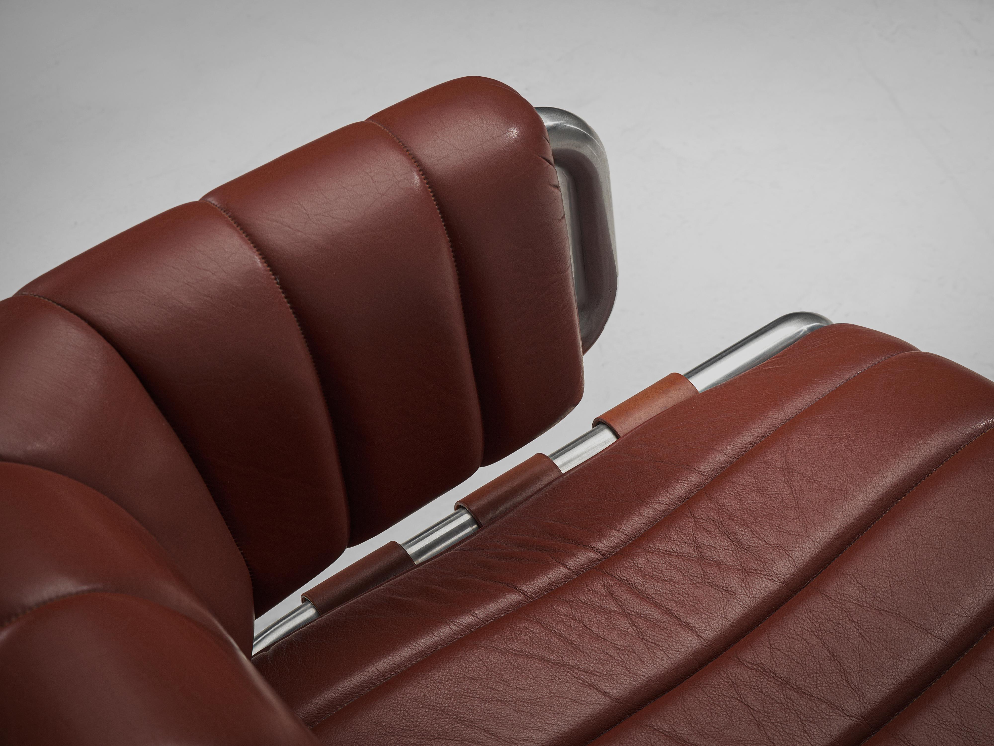 Mid-20th Century Cubist Lounge Chairs in Red Leather and Tubular Steel