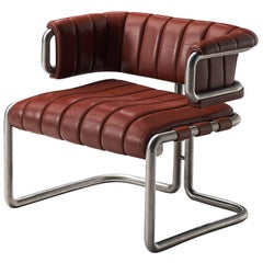 Cubist Lounge Chairs in Red Leather and Tubular Steel