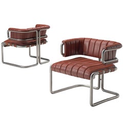 Cubist Lounge Chairs in Red Leather and Tubular Steel