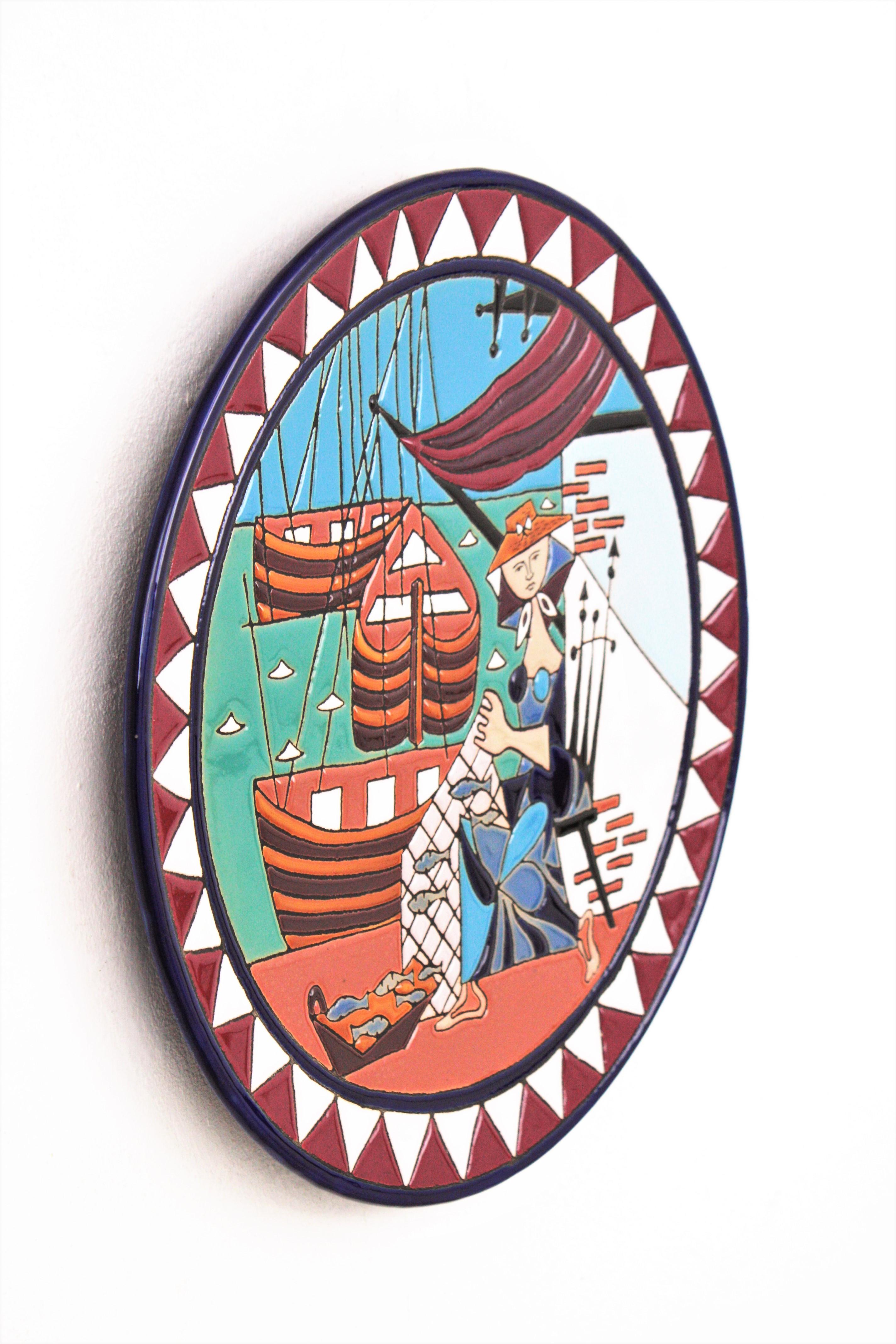 Glazed Spanish Manises Ceramic Decorative Wall Plate with Fishing Scene, 1960s For Sale