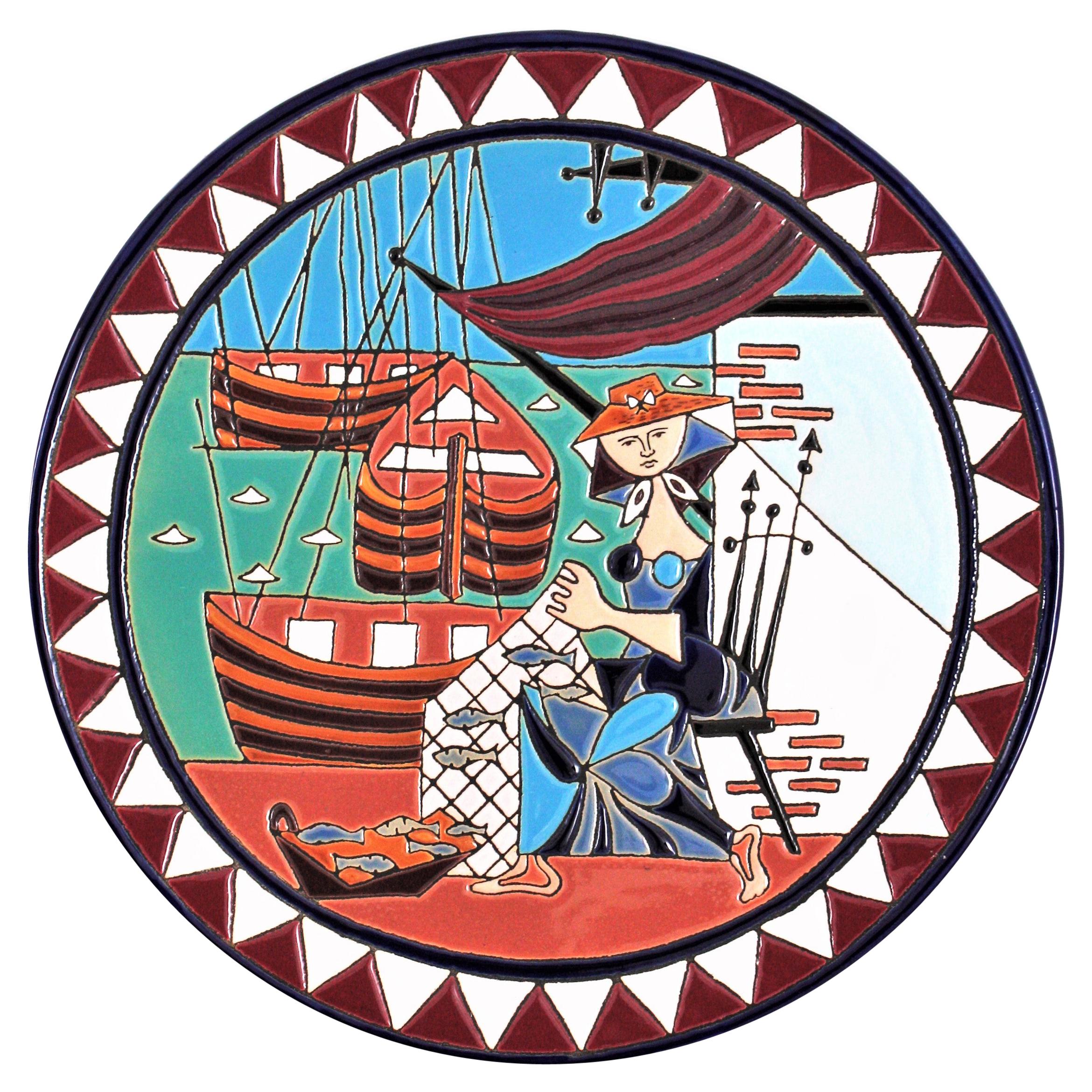 Assiette murale décorative en céramique espagnole avec scène de pêche