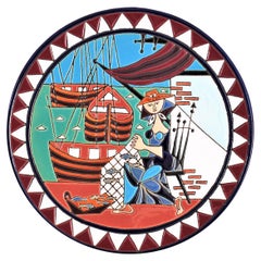 Assiette murale décorative en céramique espagnole Manises avec scène de pêche, années 1960