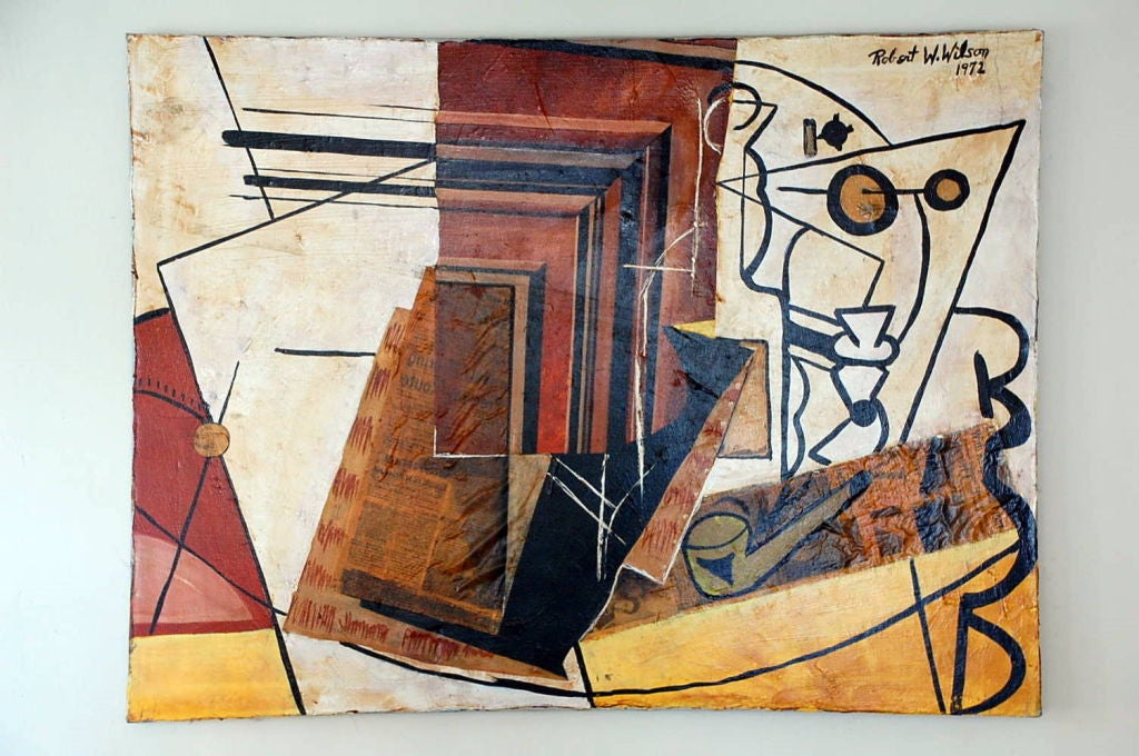 Cubist Mixed-Media Oil Painting by Robert Wilson In Excellent Condition In Los Angeles, CA