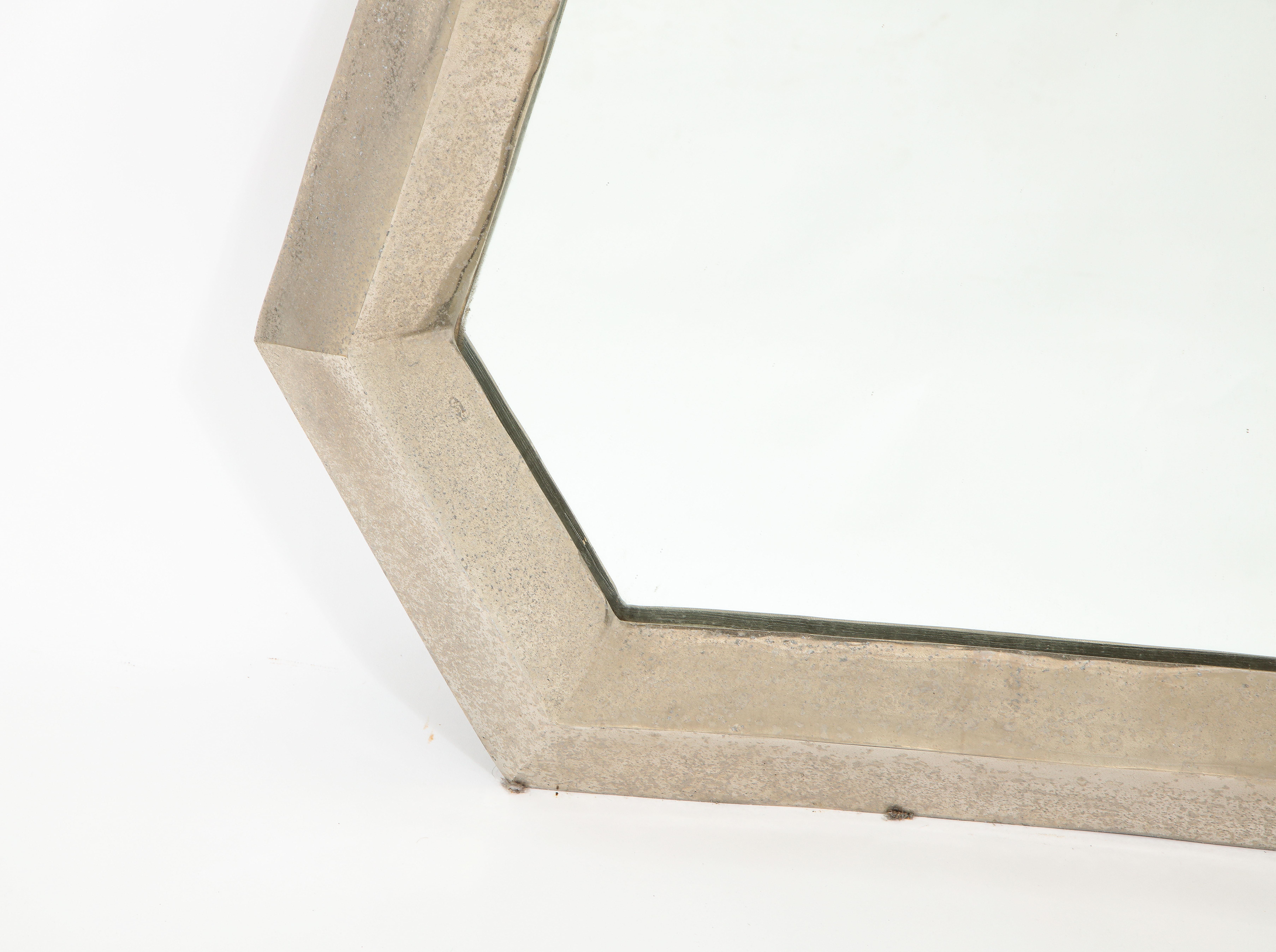 French Cubist Nickel Plated Bronze Mirror, Mid-Century, France, 1950's