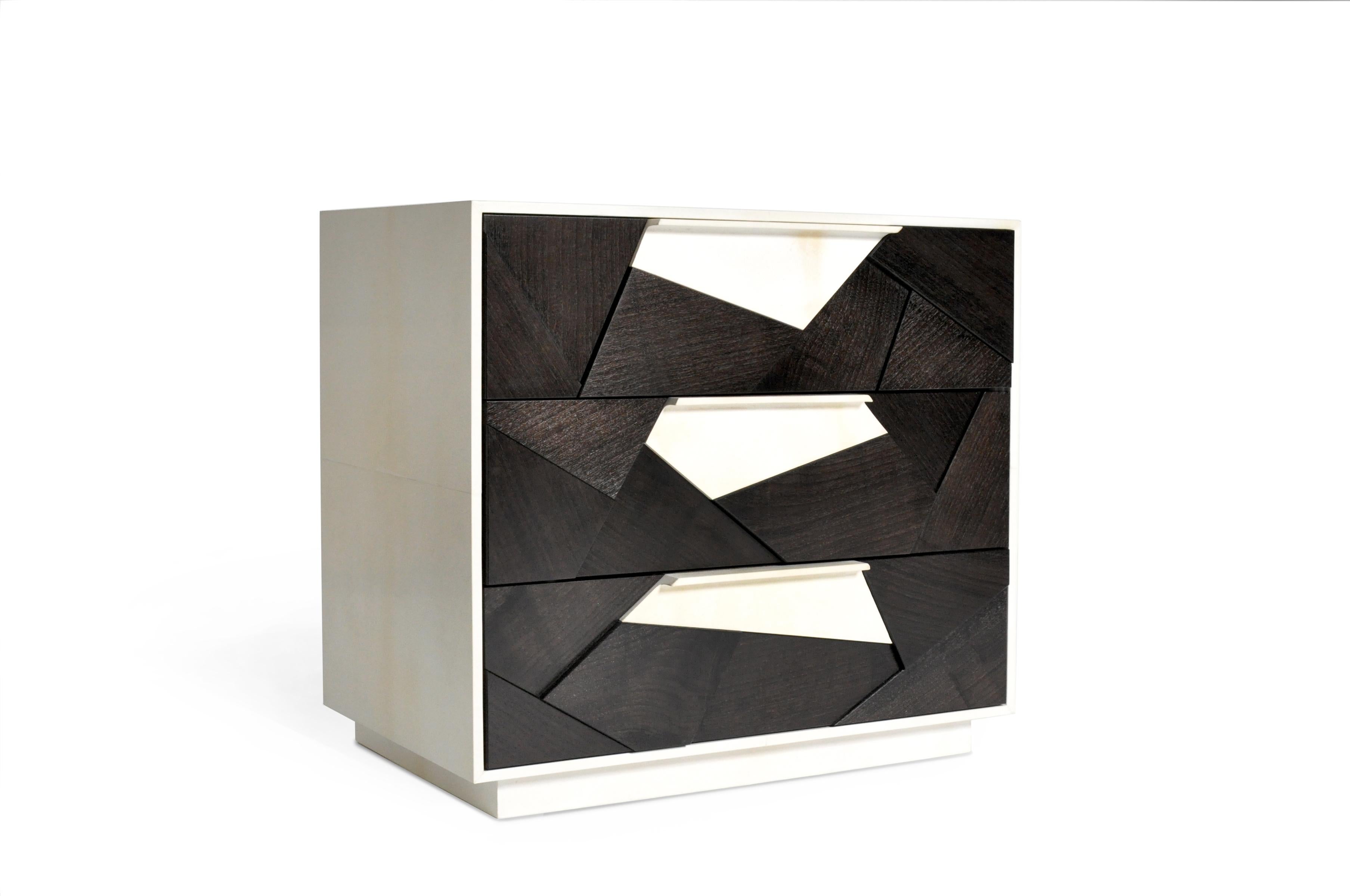 Modern Cubist Nightstand Ebonized American Walnut and Parchment By Newell Design Studio For Sale