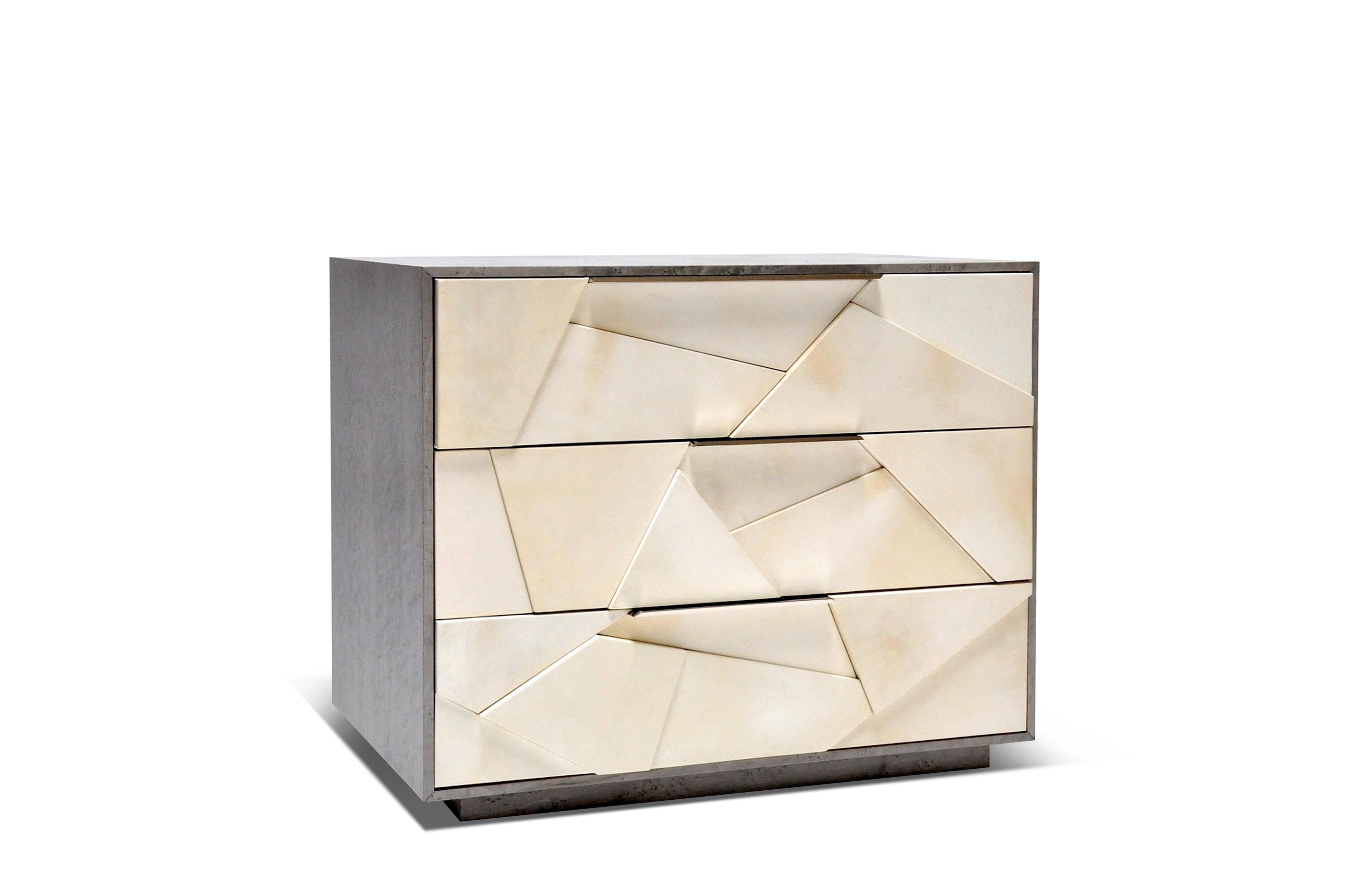 American Cubist Nightstand in Parchment, Silver Dyed Birds Eye & Nickel By Newell Design For Sale