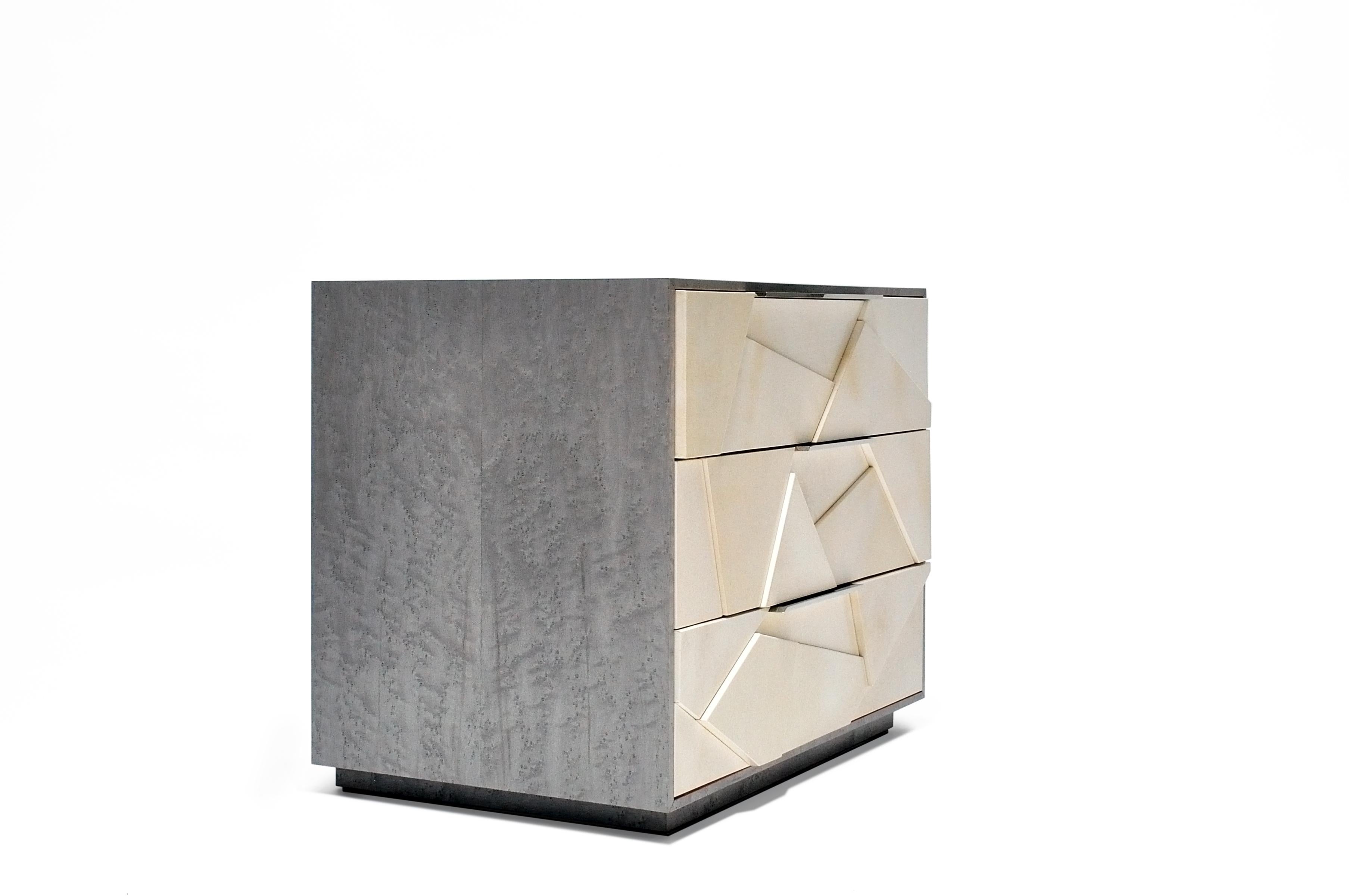 Woodwork Cubist Nightstand in Parchment, Silver Dyed Birds Eye & Nickel By Newell Design For Sale