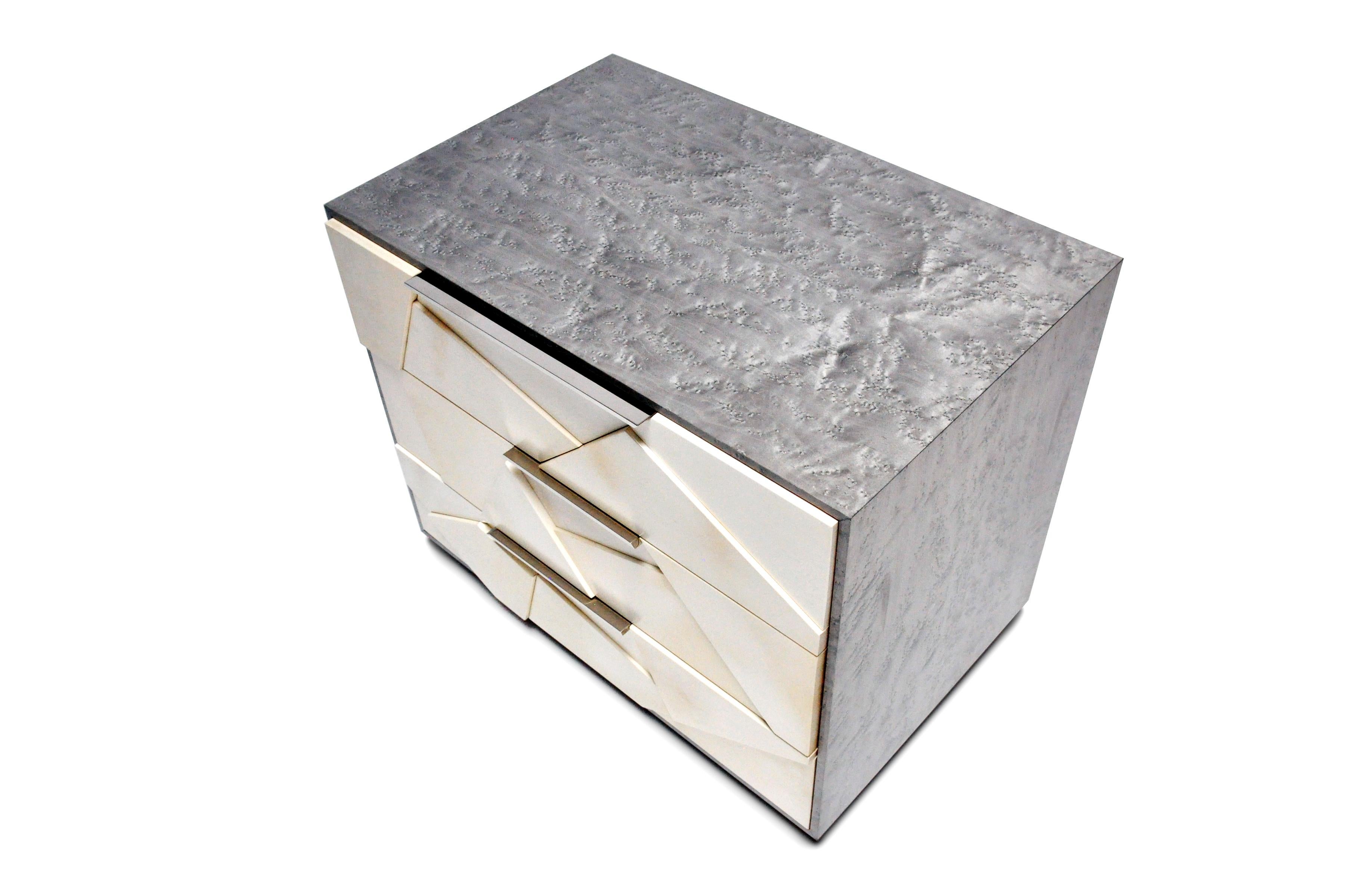 Contemporary Cubist Nightstand in Parchment, Silver Dyed Birds Eye & Nickel By Newell Design For Sale