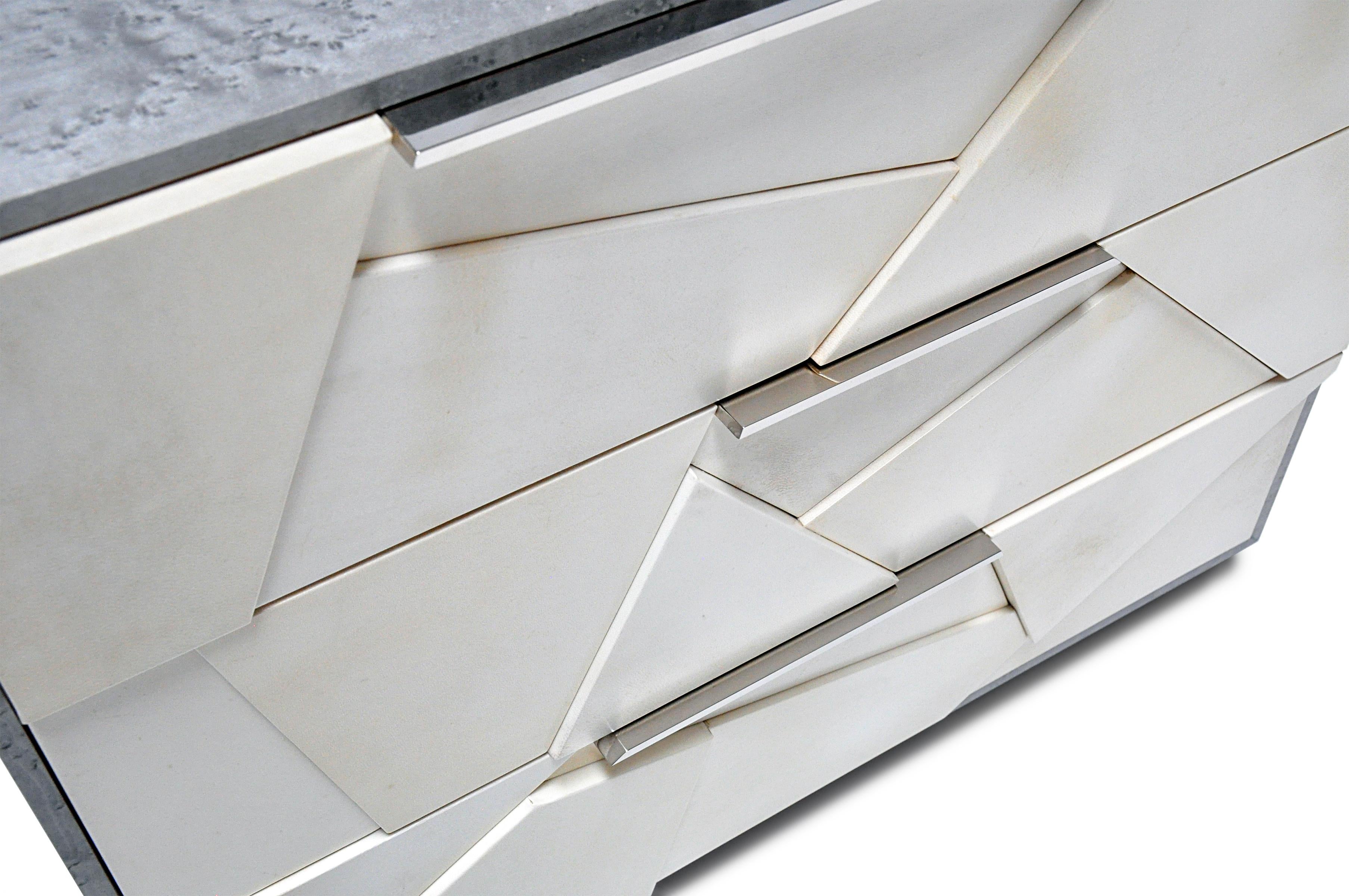 Metal Cubist Nightstand in Parchment, Silver Dyed Birds Eye & Nickel By Newell Design For Sale