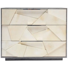 Cubist Nightstand in Silver Birdseye Maple and Parchment with Nickel Pulls