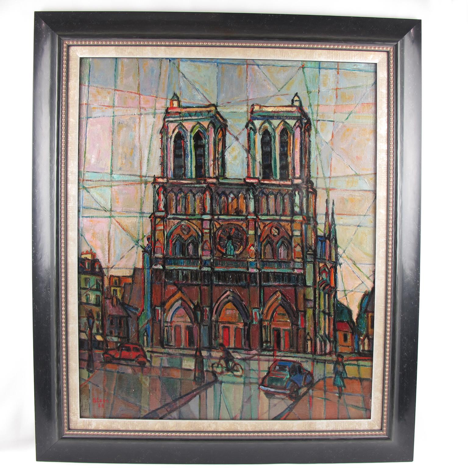 Very interesting oil on canvas painting by Cecil Steen, France (20th century). Cubist technic, signed bottom left corner.
Stunning composition featuring Notre Dame Cathedral in Paris. Extremely vivid colors with lots of contrast and geometric