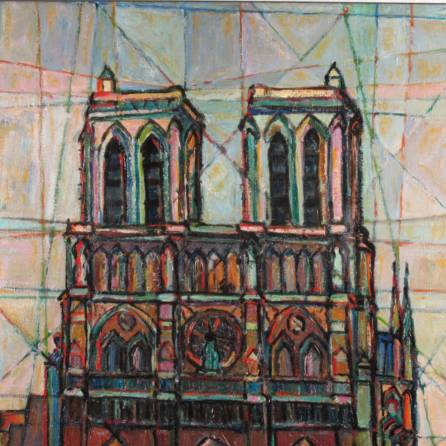French Cubist Notre Dame Cathedral Paris by Cecil Steen 1958 Oil on Canvas Painting