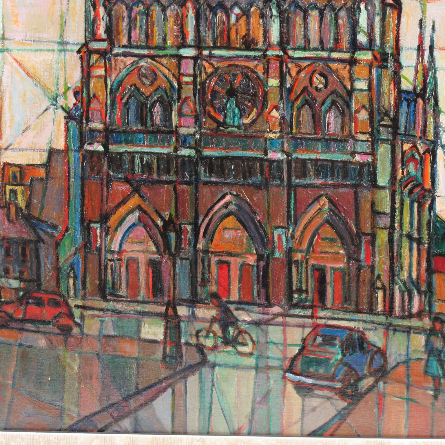 Cubist Notre Dame Cathedral Paris by Cecil Steen 1958 Oil on Canvas Painting In Excellent Condition In Atlanta, GA