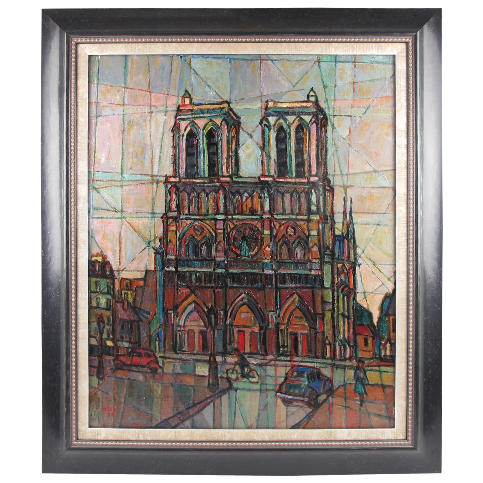 Cubist Notre Dame Cathedral Paris by Cecil Steen 1958 Oil on Canvas Painting