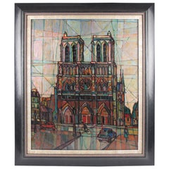 Cubist Notre Dame Cathedral Paris by Cecil Steen 1958 Oil on Canvas Painting