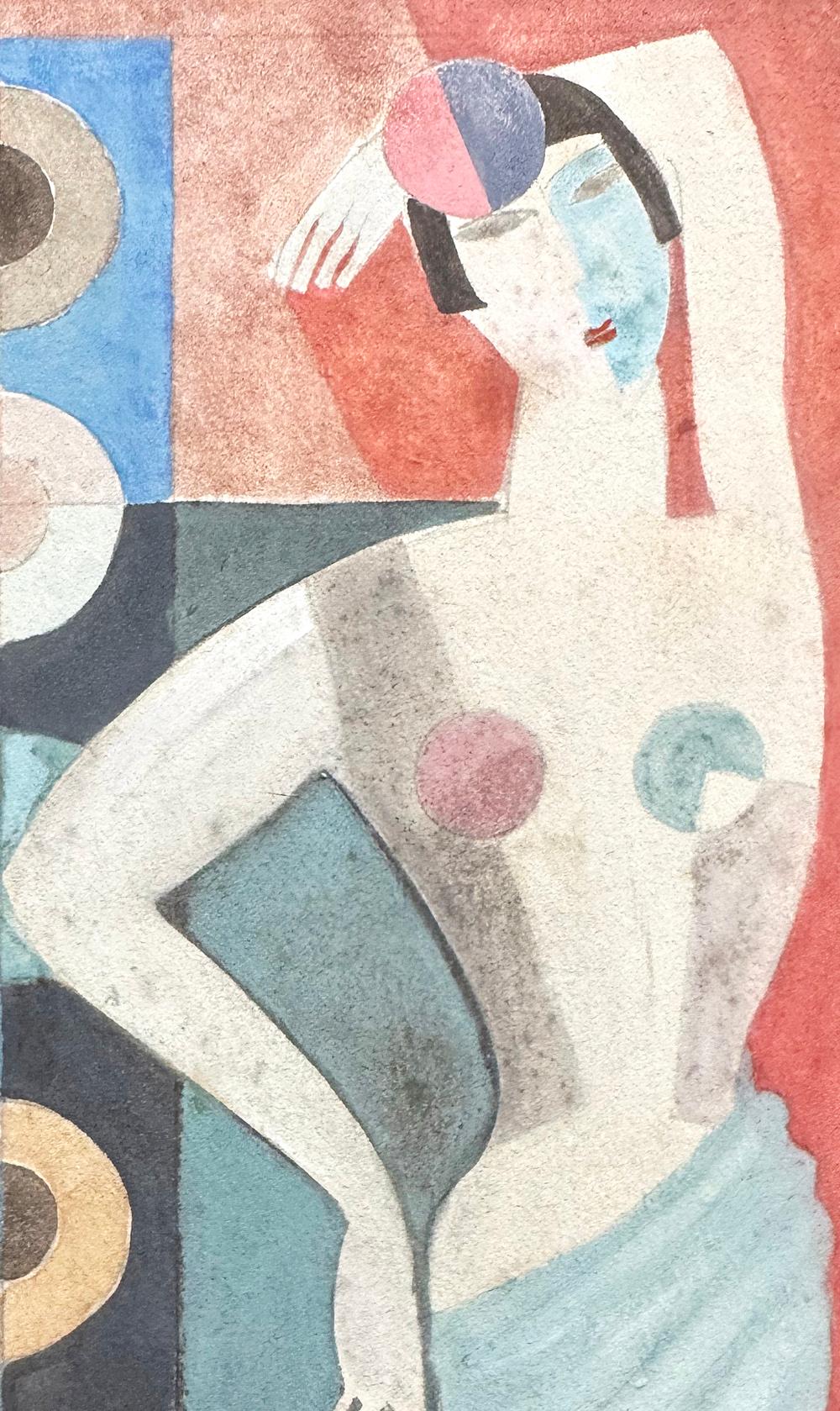 Boldly conceived and painted, this depiction of a female nude whose breasts are echoed by the hat on her head and the geometric figures to her left, was made by Alexander Wilhelm de Beauclair, a German-born artist who spent much of his artistic life