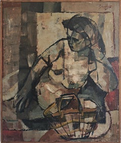 Óleo cubista sobre lienzo "Muchacha en la playa" de Dusan Mihailovic, Yugoslavia 1957