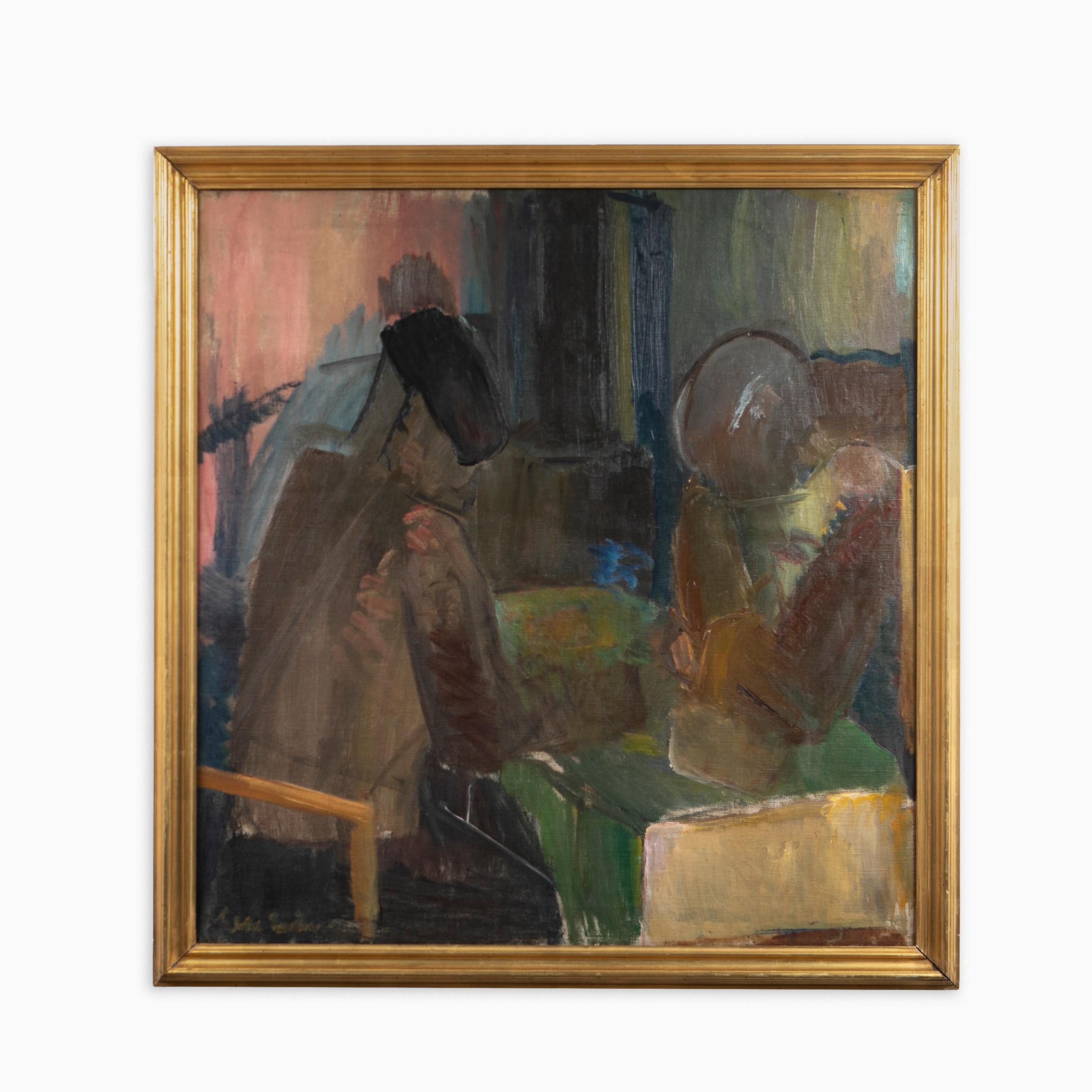 Ebba Carstensen (b. Västra Kvärnstorp, Sweden 1885, d. Copenhagen 1967).
Cubist oil painting - interior scene from a French bistro, oil on canvas. Professional art conservator cleaned.
Dimensions (cm): artwork: 90 x 85 // Frame:100 x 96 x
