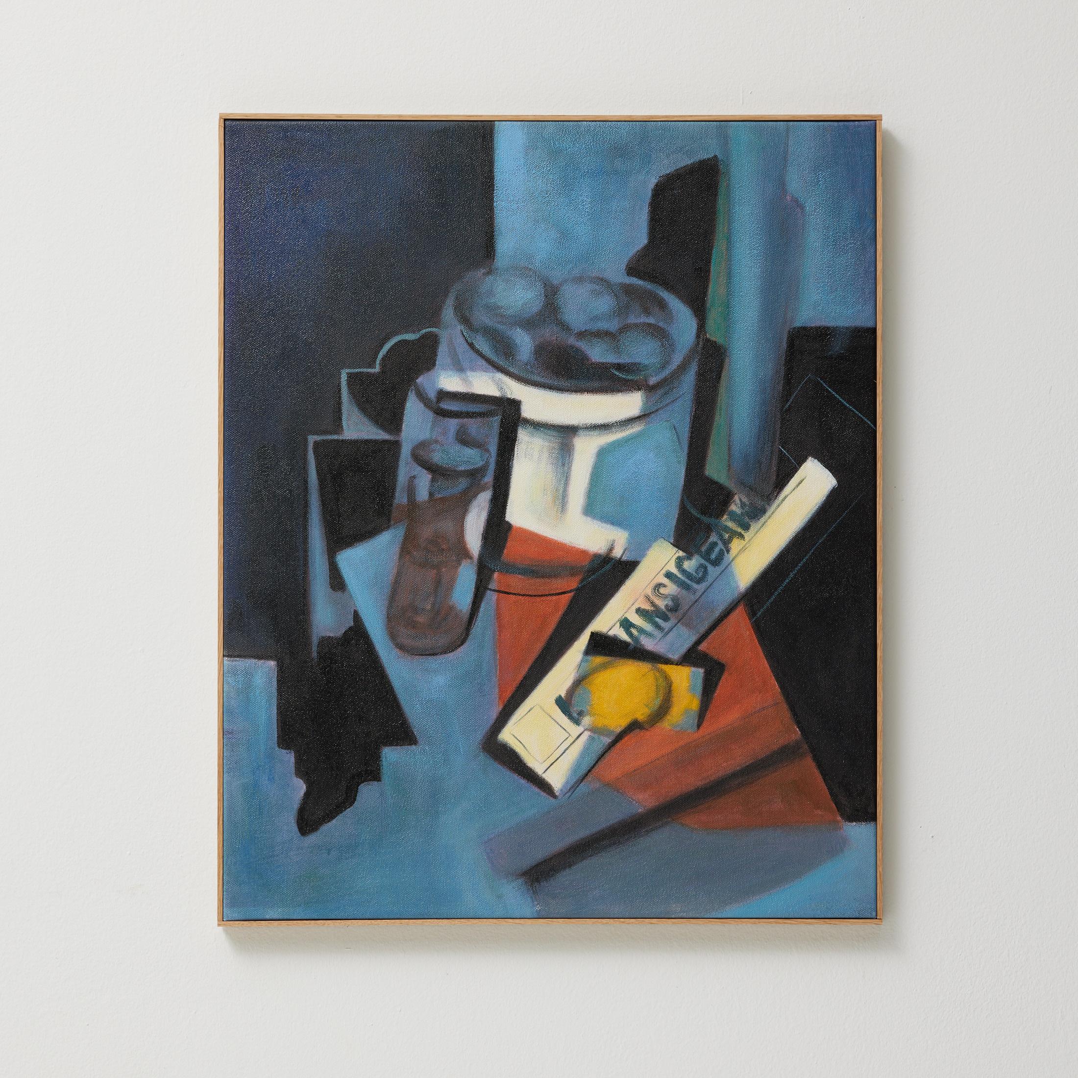 Questo affascinante dipinto cubista a olio, eseguito nello stile di Juan Gris, mostra un magistrale gioco di forme geometriche, piani frammentati e una tavolozza di colori accuratamente composta. La composizione riflette l'essenza del modernismo del