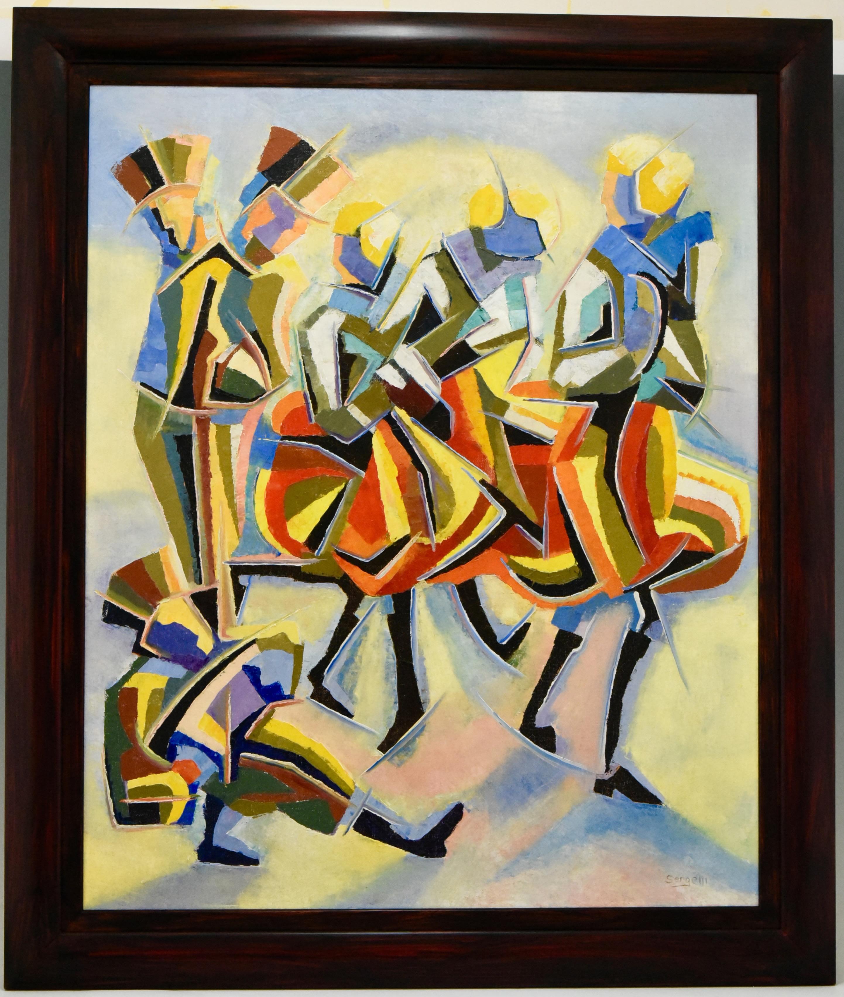 Colorful Post-Cubist oil painting of dancers and musicians by 
Serge Magnin, born in France 1934. 

Literature:
Serge Magnin, Peintre du mouvement. ?Régis Bernard. ?
 
Size of the frame: 
H. 86 cm x L. 73 cm. x W. 3 cm.
H. 33.9 inch x L.28.8