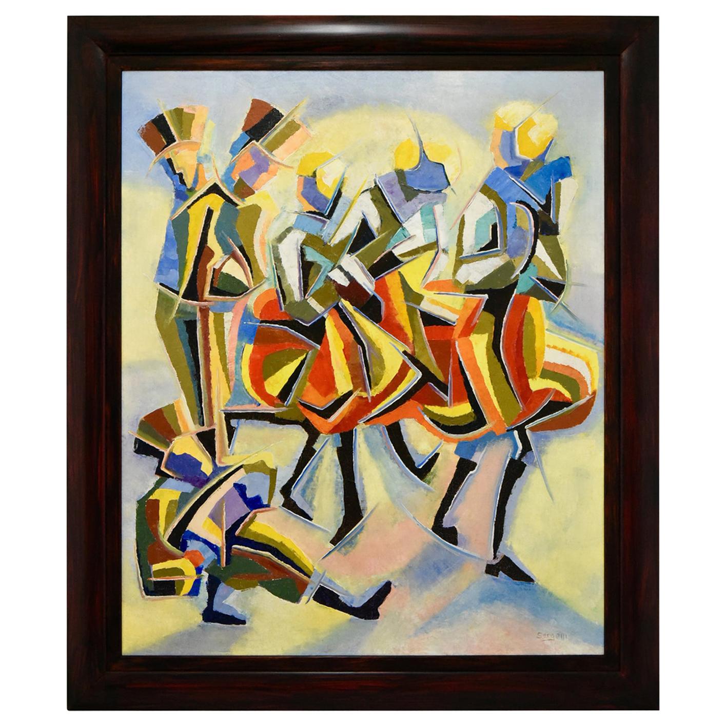 Cubist Oil Painting of Dancers and Musicians Serge Magnin, 1960, France