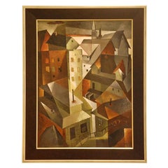 Cubist Oil Painting "Roof Tops" by Aileen Worthley